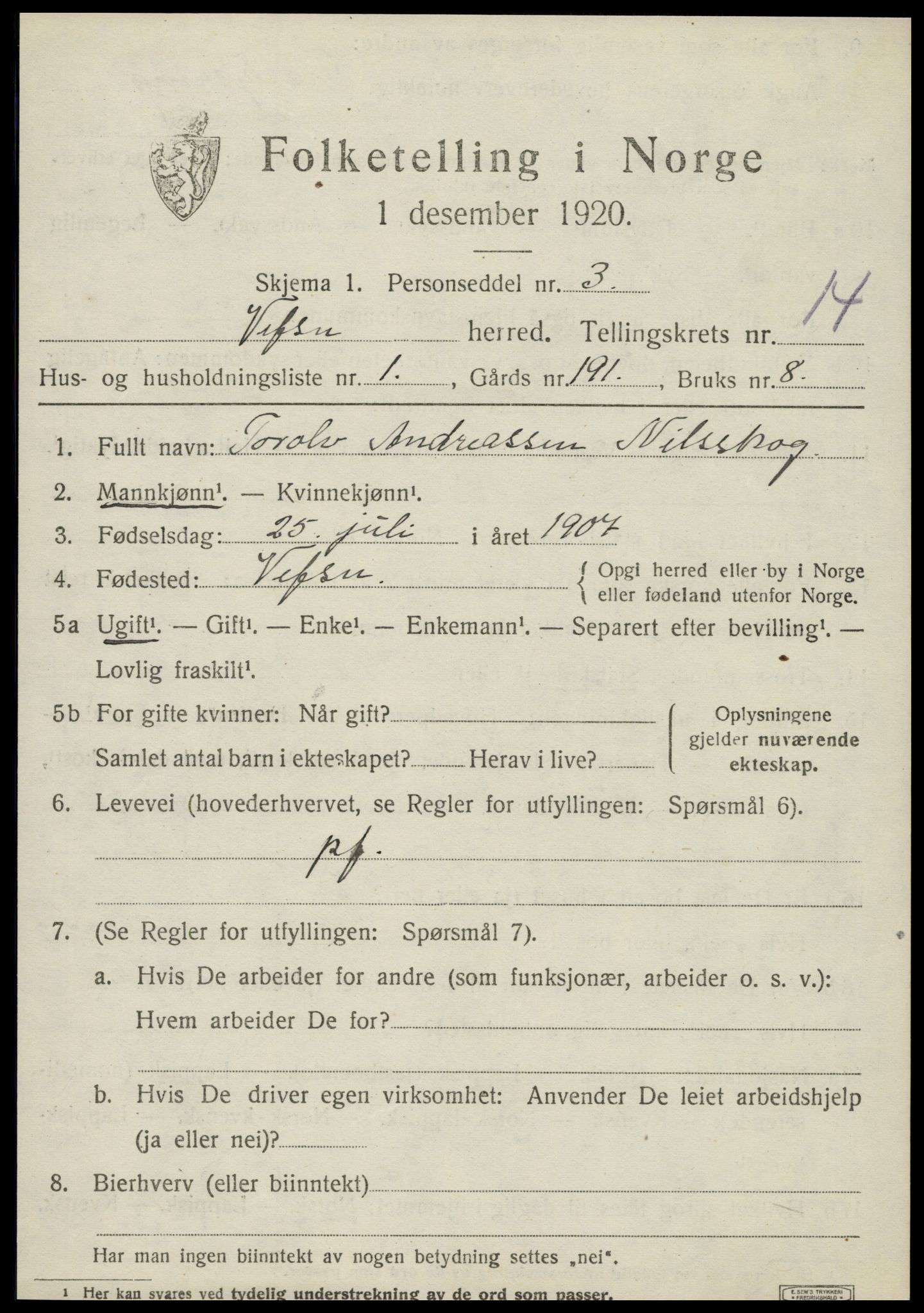 SAT, 1920 census for Vefsn, 1920, p. 10639