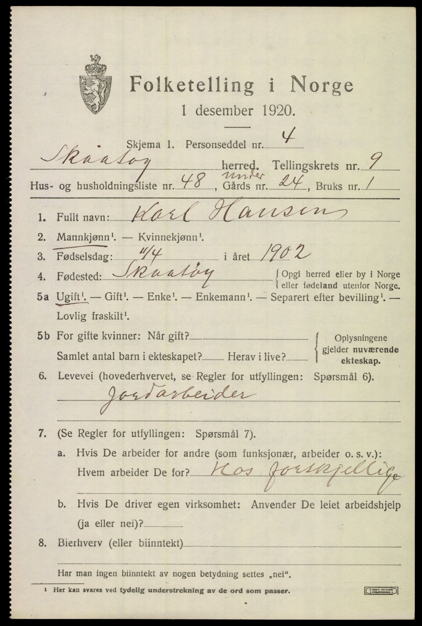 SAKO, 1920 census for Skåtøy, 1920, p. 7152