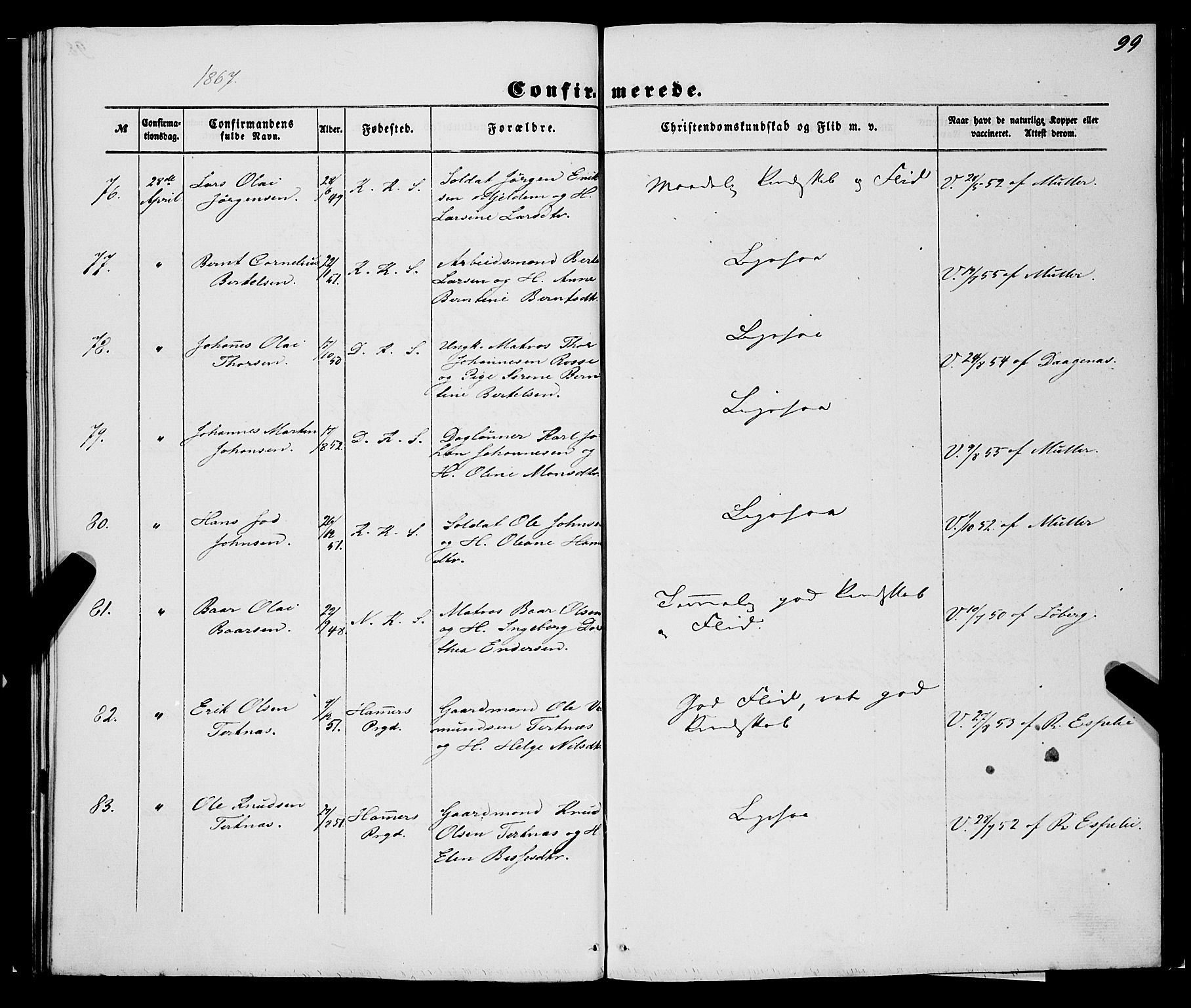 Korskirken sokneprestembete, SAB/A-76101/H/Haa/L0069: Curate's parish register no. A 4, 1856-1869, p. 99