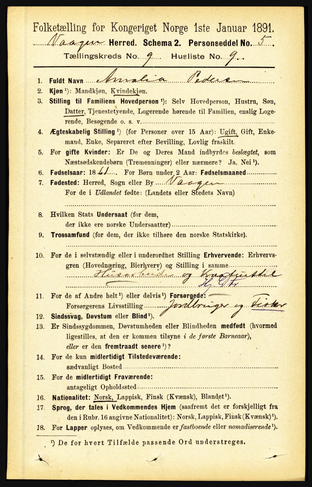 RA, 1891 census for 1865 Vågan, 1891, p. 2313