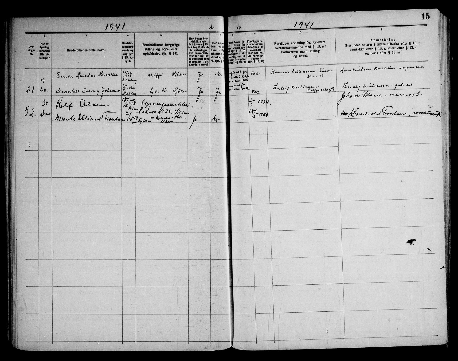 Rjukan kirkebøker, SAKO/A-294/H/Ha/L0001: Banns register no. 1, 1939-1959, p. 15