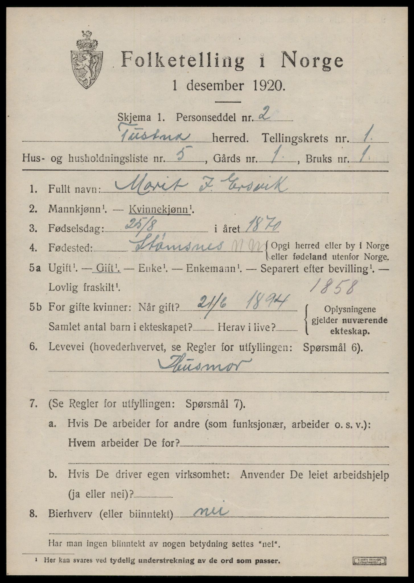 SAT, 1920 census for Tustna, 1920, p. 633