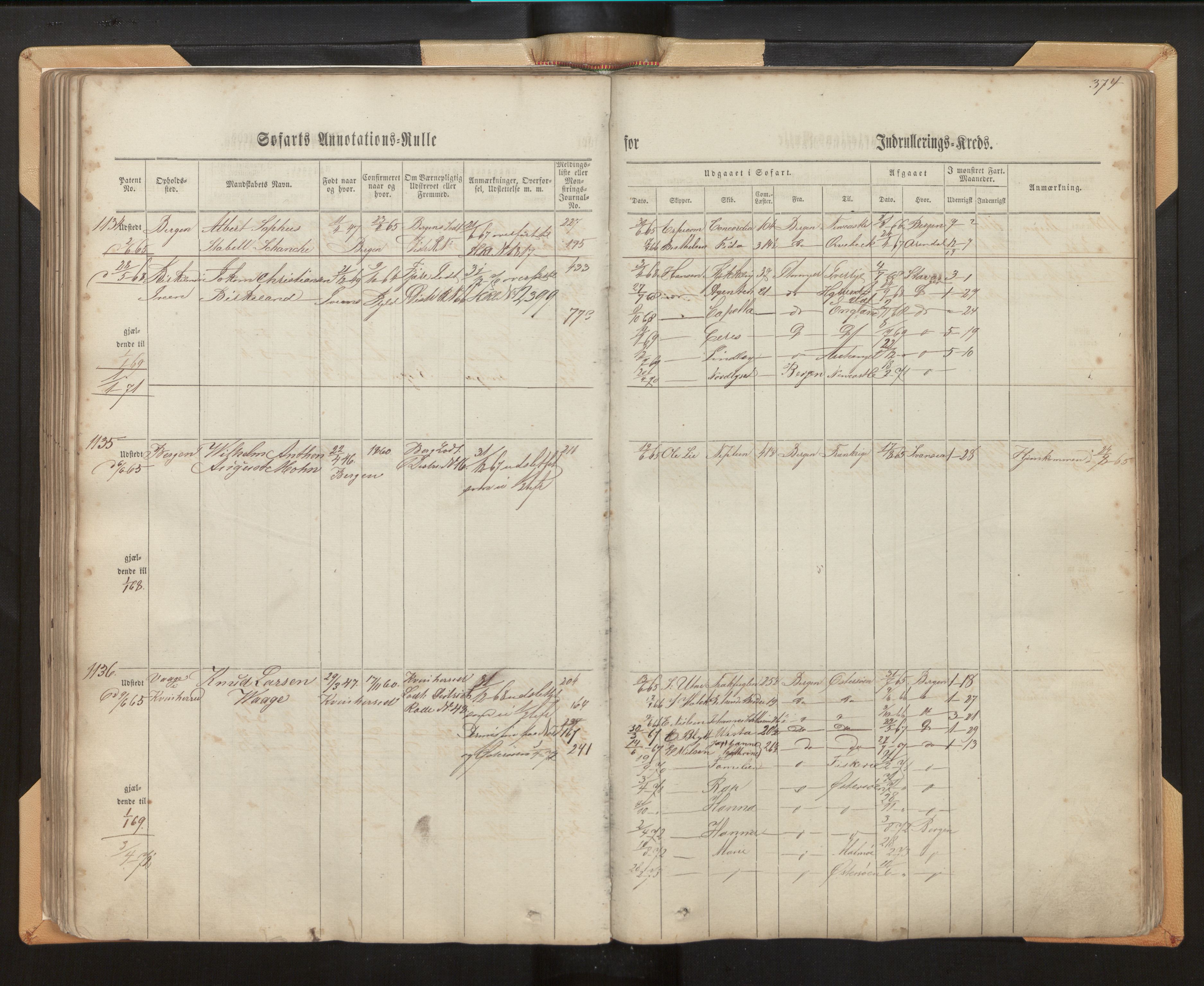 Innrulleringssjefen i Bergen, SAB/A-100050/F/Fh/L0006: Sjøfarts- og annotasjonsrulle for Bergen krets, fol. 239 - ut, 1860-1867, p. 374