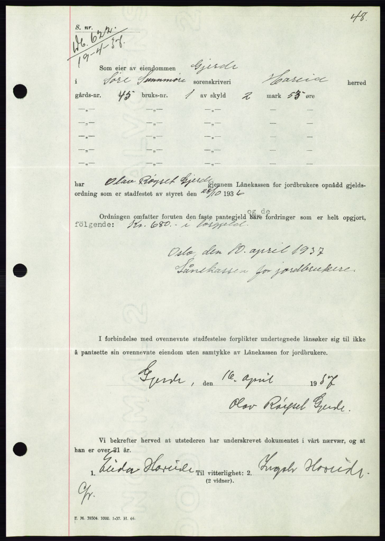 Søre Sunnmøre sorenskriveri, AV/SAT-A-4122/1/2/2C/L0063: Mortgage book no. 57, 1937-1937, Diary no: : 622/1937