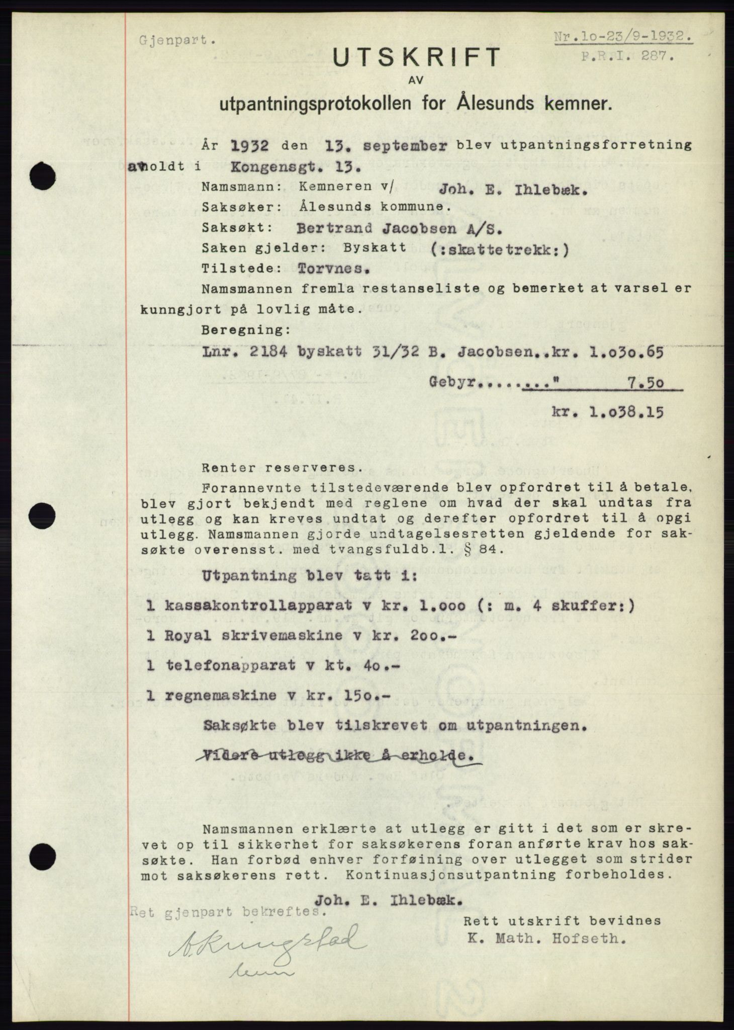 Ålesund byfogd, AV/SAT-A-4384: Mortgage book no. 30, 1932-1933, Deed date: 23.09.1932