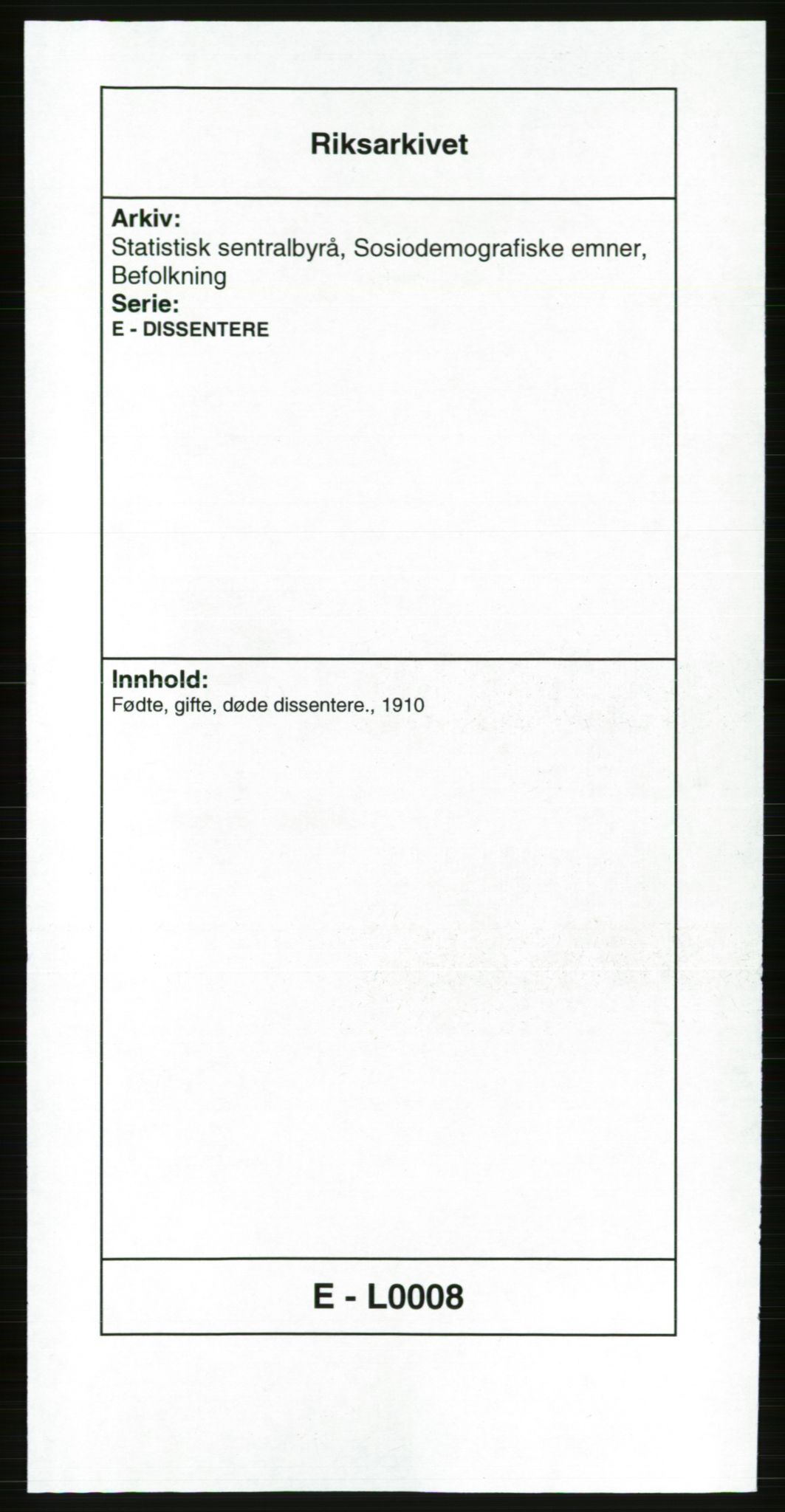 Statistisk sentralbyrå, Sosiodemografiske emner, Befolkning, AV/RA-S-2228/E/L0008: Fødte, gifte, døde dissentere., 1910, p. 1