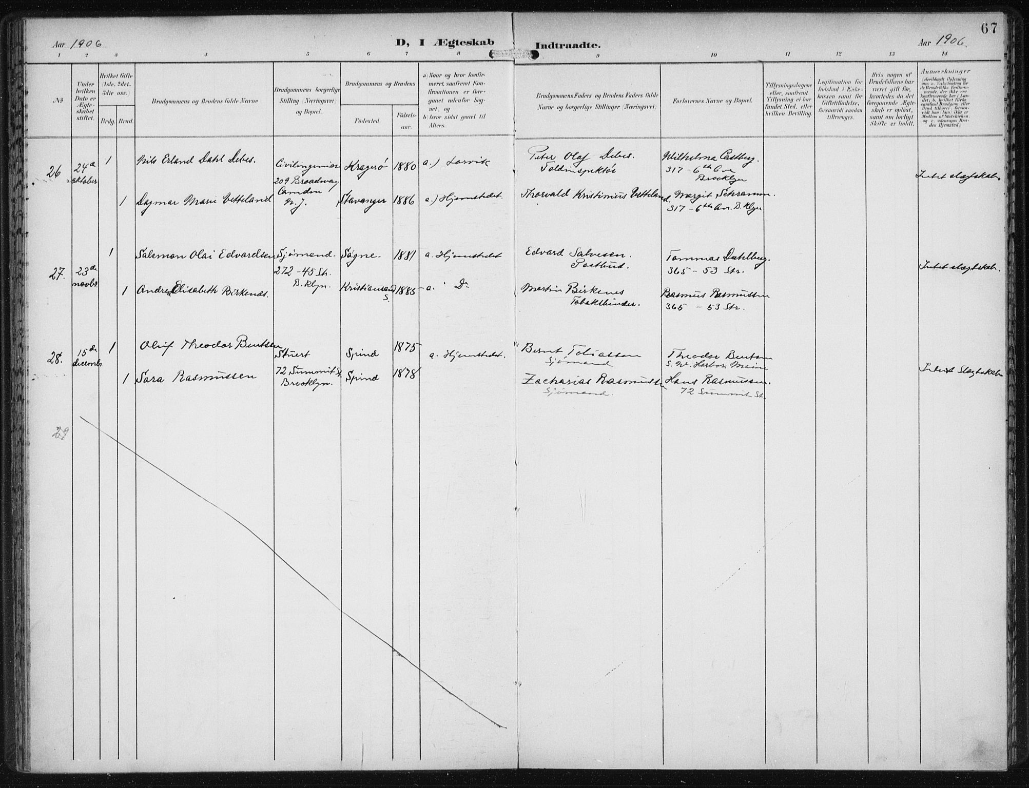 Den norske sjømannsmisjon i utlandet/New York, SAB/SAB/PA-0110/H/Ha/L0005: Parish register (official) no. A 5, 1902-1908, p. 67