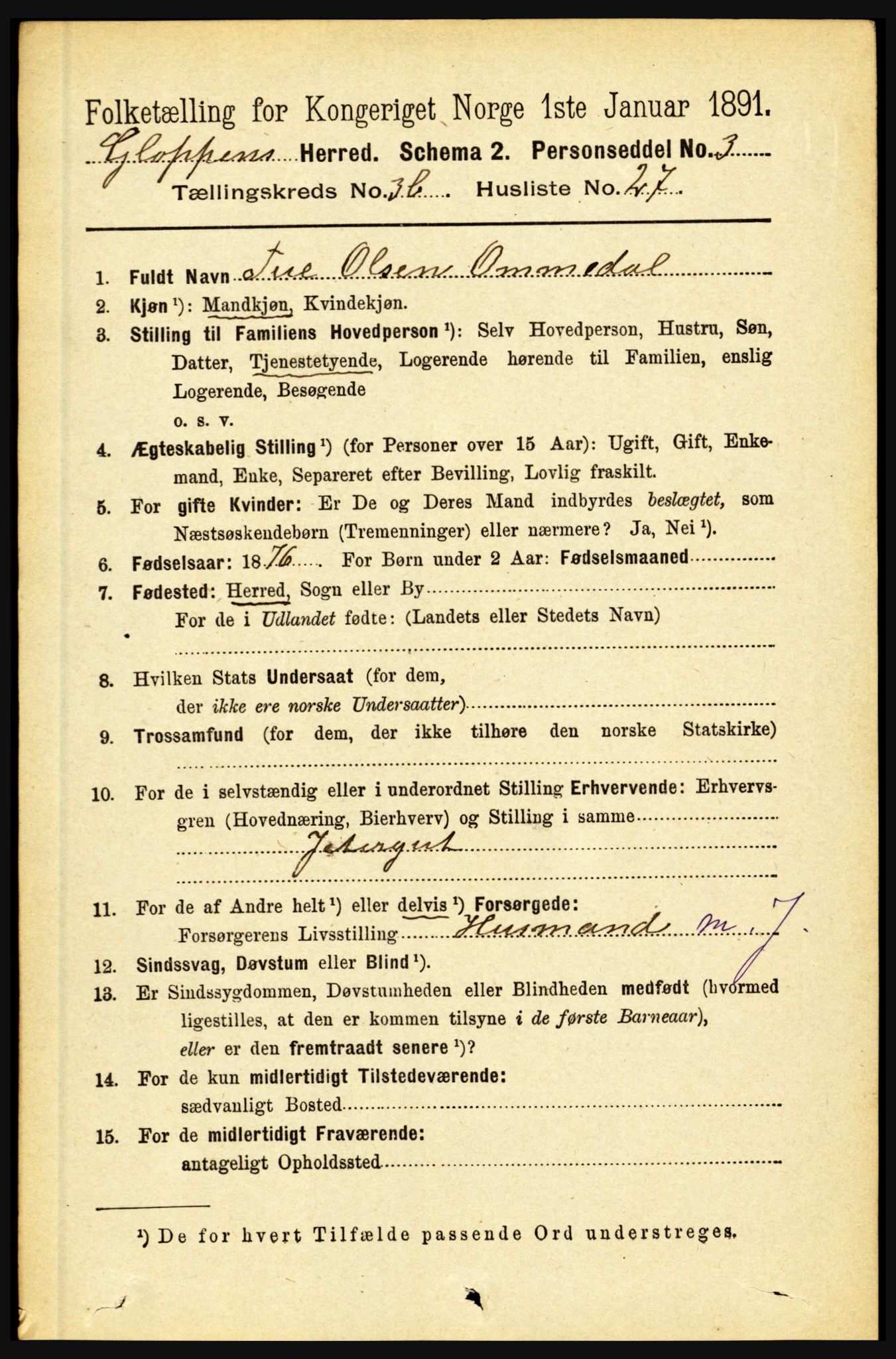 RA, 1891 census for 1445 Gloppen, 1891, p. 1629