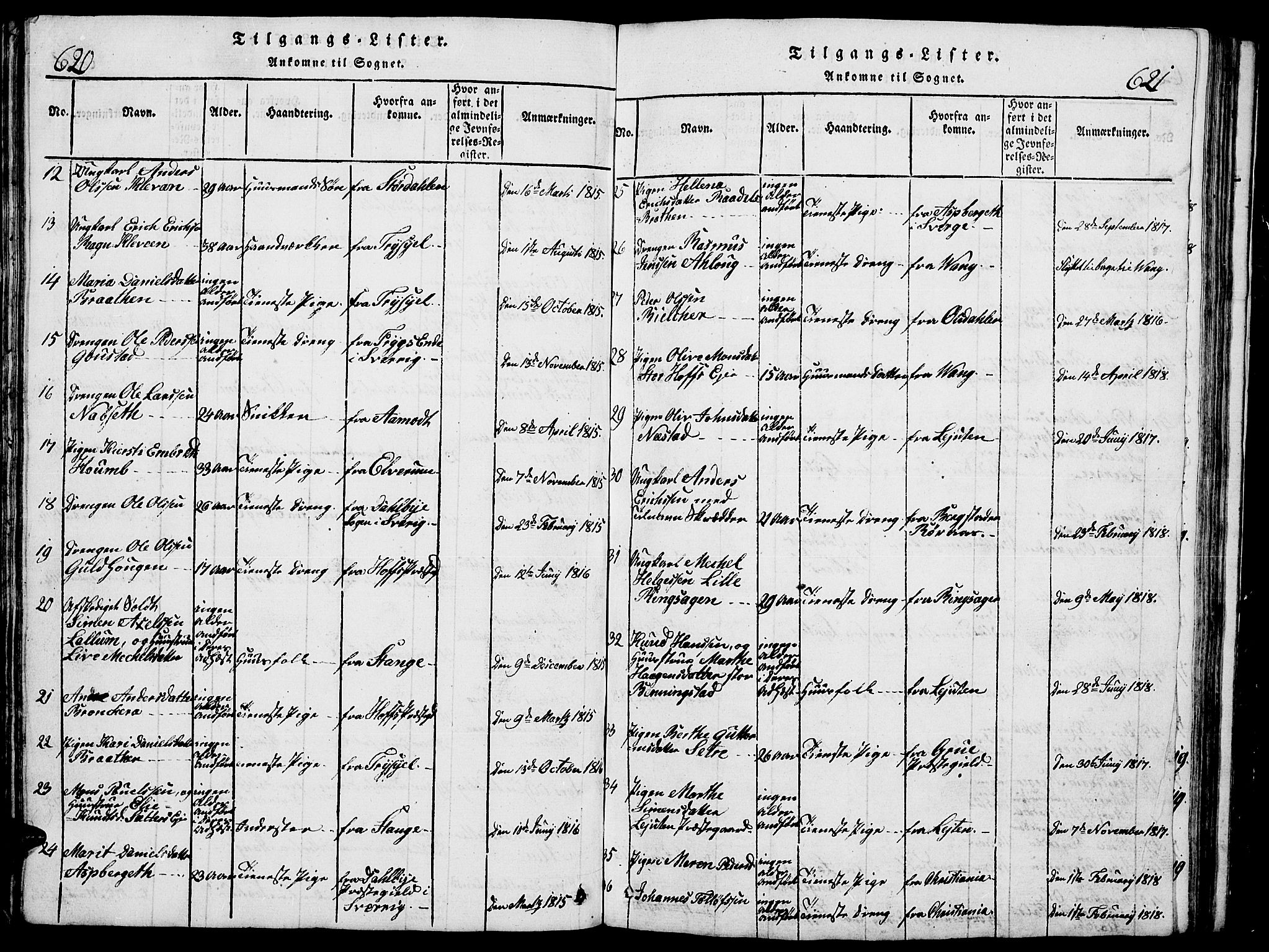 Romedal prestekontor, SAH/PREST-004/L/L0005: Parish register (copy) no. 5, 1814-1829, p. 620-621