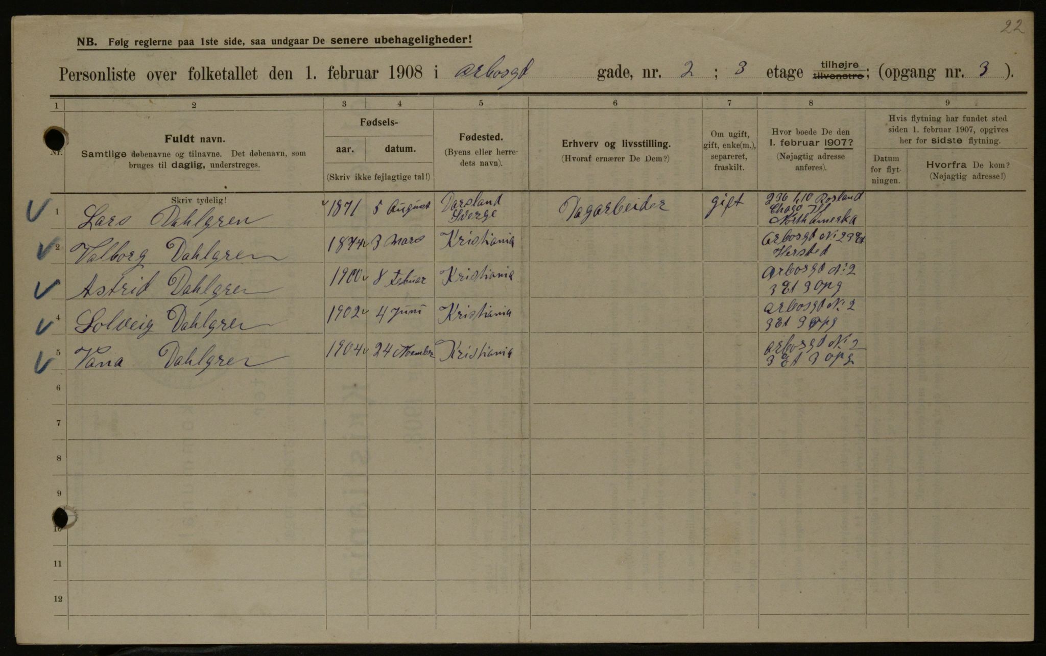 OBA, Municipal Census 1908 for Kristiania, 1908, p. 2017