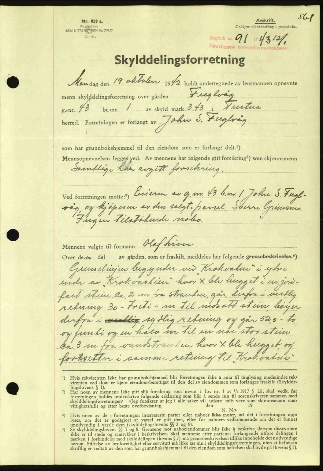 Nordmøre sorenskriveri, AV/SAT-A-4132/1/2/2Ca: Mortgage book no. A94, 1942-1943, Diary no: : 91/1943