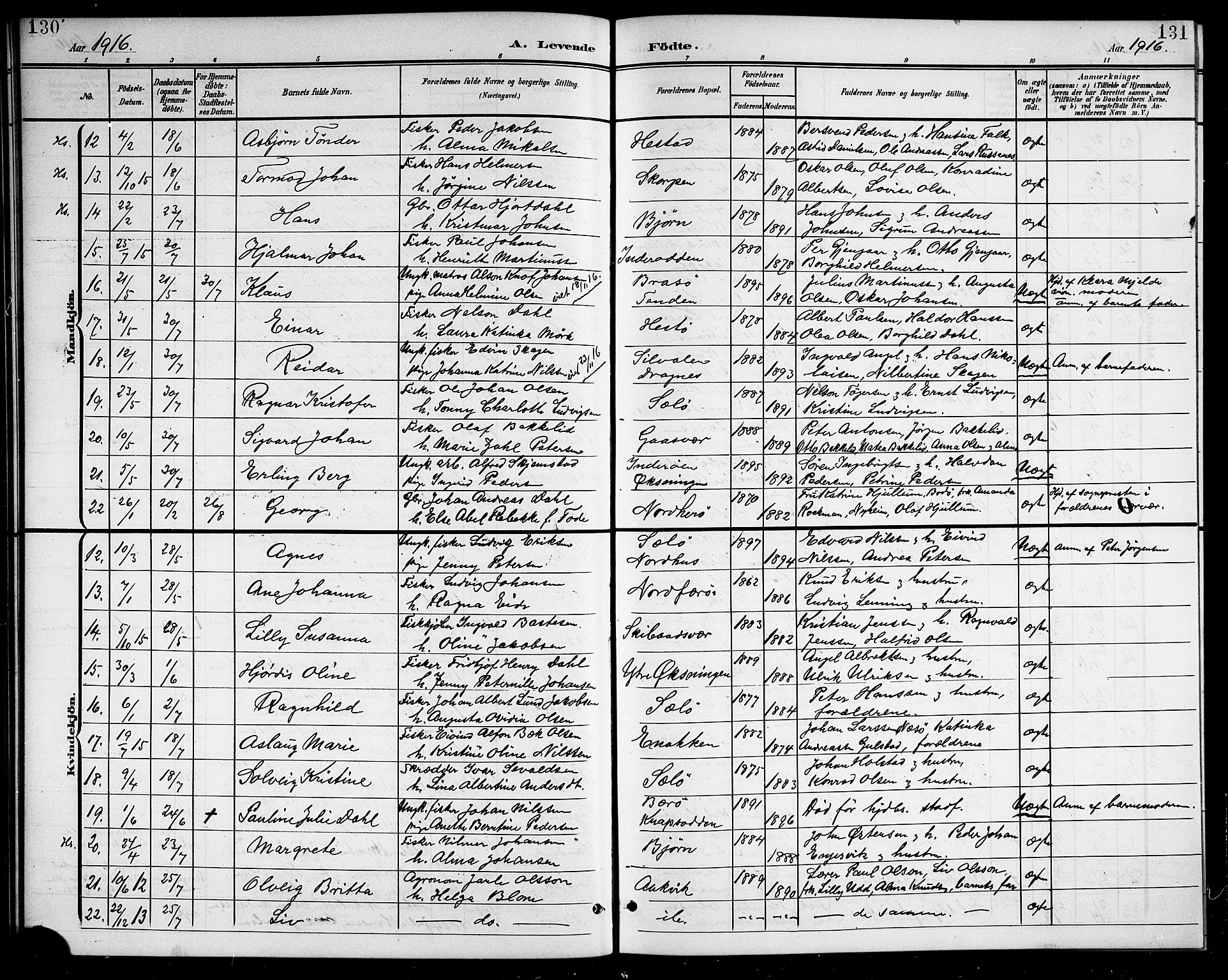 Ministerialprotokoller, klokkerbøker og fødselsregistre - Nordland, AV/SAT-A-1459/834/L0516: Parish register (copy) no. 834C06, 1902-1918, p. 130-131