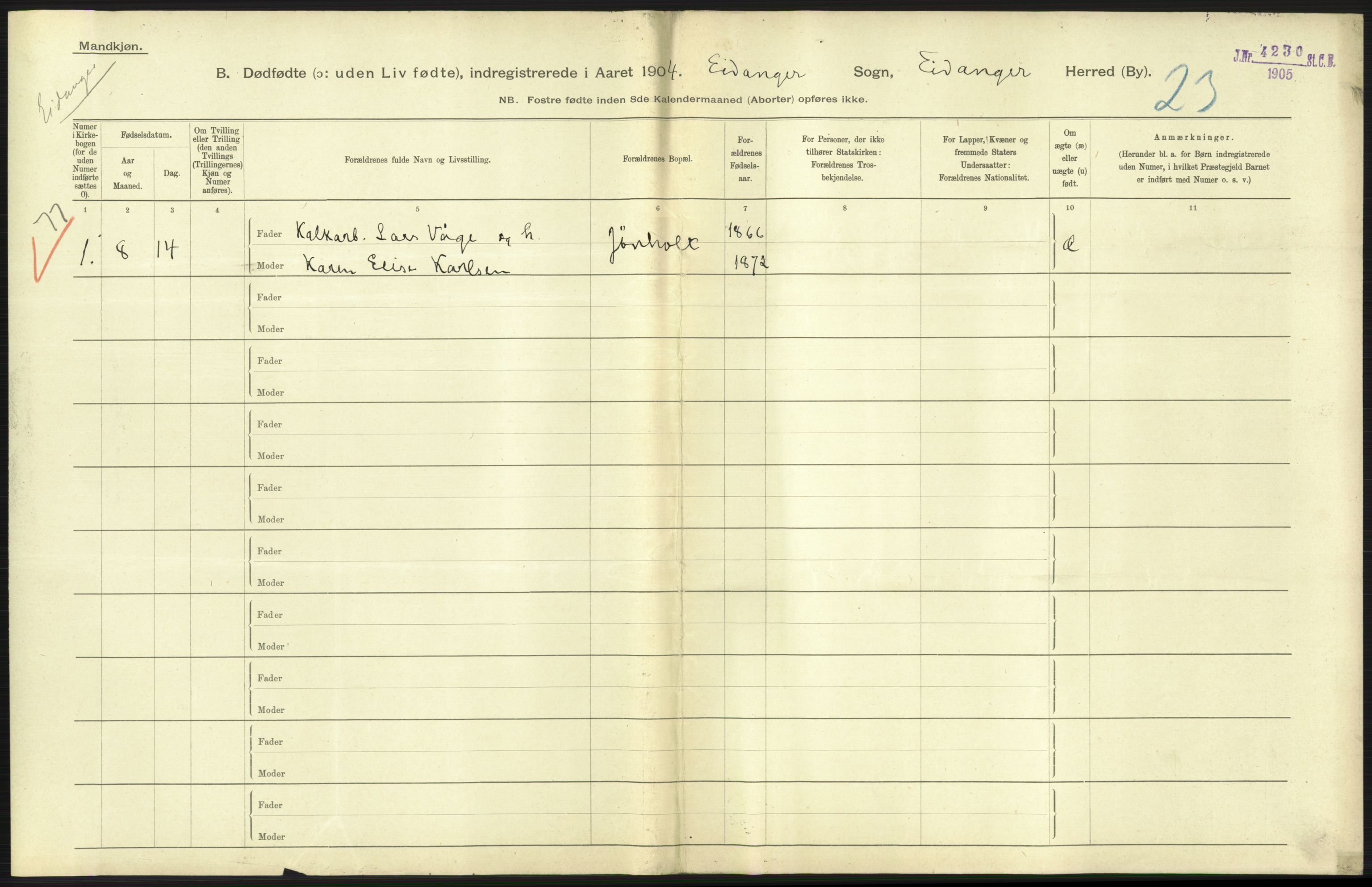 Statistisk sentralbyrå, Sosiodemografiske emner, Befolkning, RA/S-2228/D/Df/Dfa/Dfab/L0025: Smålenenes amt - Stavanger amt: Dødfødte. Bygder., 1904, p. 379