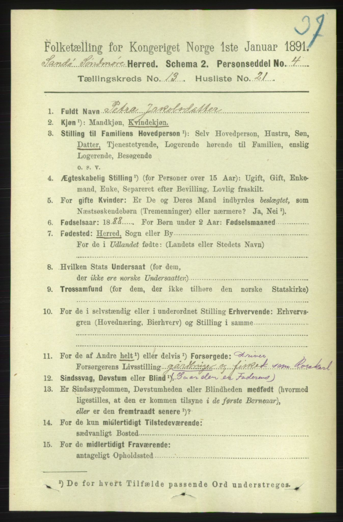 RA, 1891 census for 1514 Sande, 1891, p. 2591