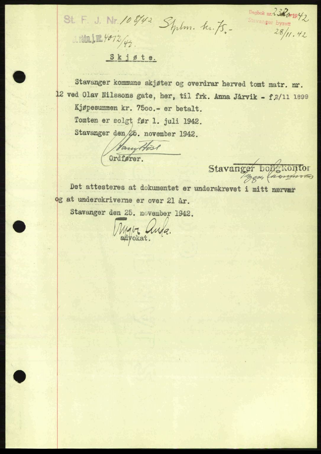 Stavanger byrett, SAST/A-100455/002/G/Gb/L0017: Mortgage book no. A7, 1941-1943, Diary no: : 2320/1942