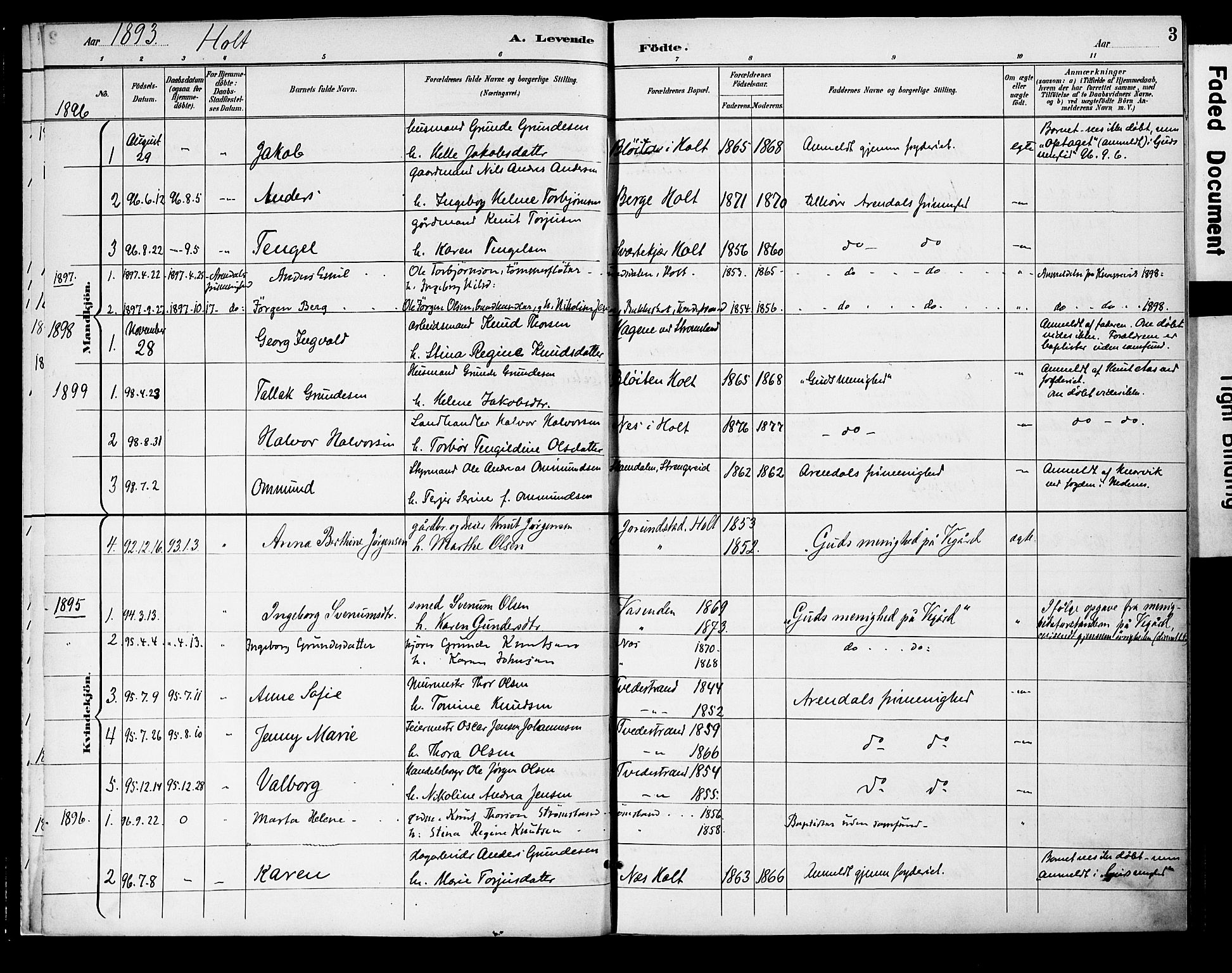 Holt sokneprestkontor, SAK/1111-0021/F/Fa/L0011: Parish register (official) no. A 11, 1880-1931, p. 3