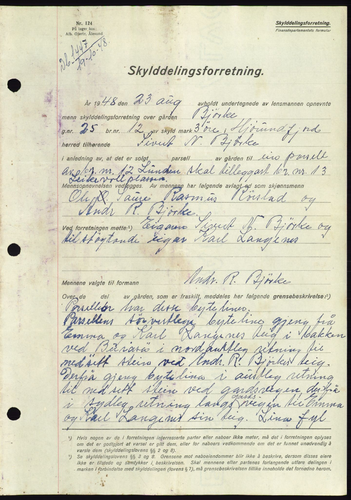 Søre Sunnmøre sorenskriveri, AV/SAT-A-4122/1/2/2C/L0083: Mortgage book no. 9A, 1948-1949, Diary no: : 1447/1948