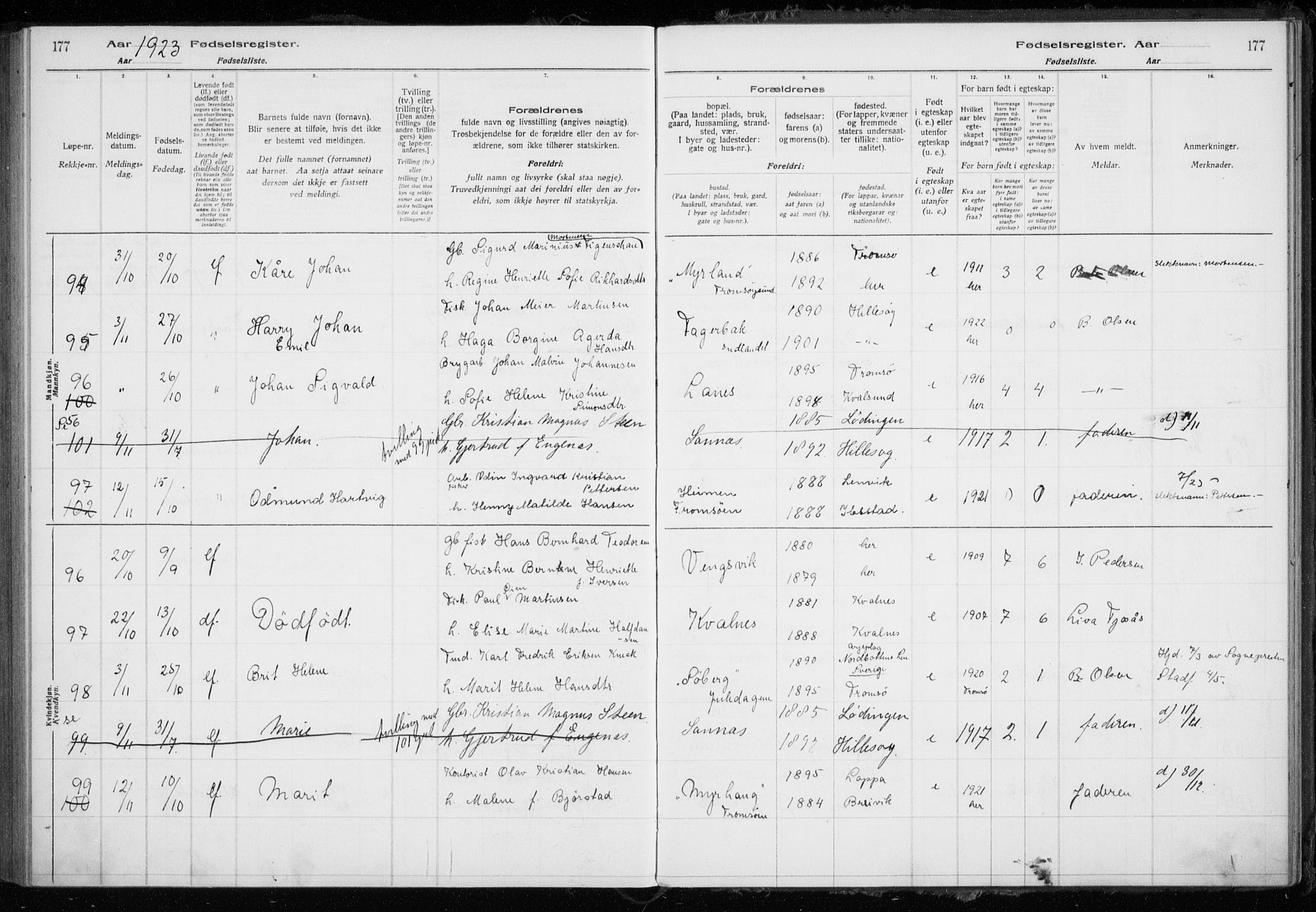 Tromsøysund sokneprestkontor, AV/SATØ-S-1304/H/Ha/L0079: Birth register no. 79, 1916-1924, p. 177