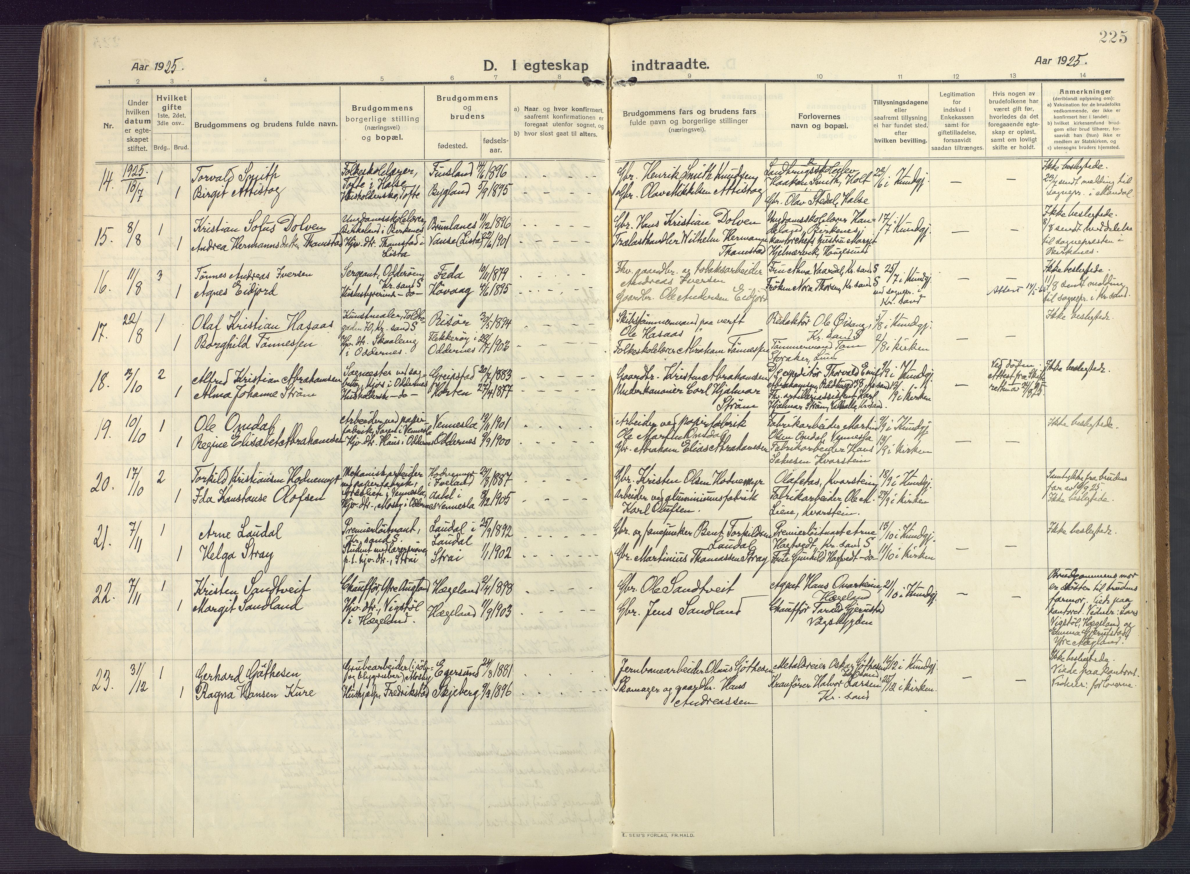 Oddernes sokneprestkontor, AV/SAK-1111-0033/F/Fa/Faa/L0012: Parish register (official) no. A 12, 1912-1925, p. 225