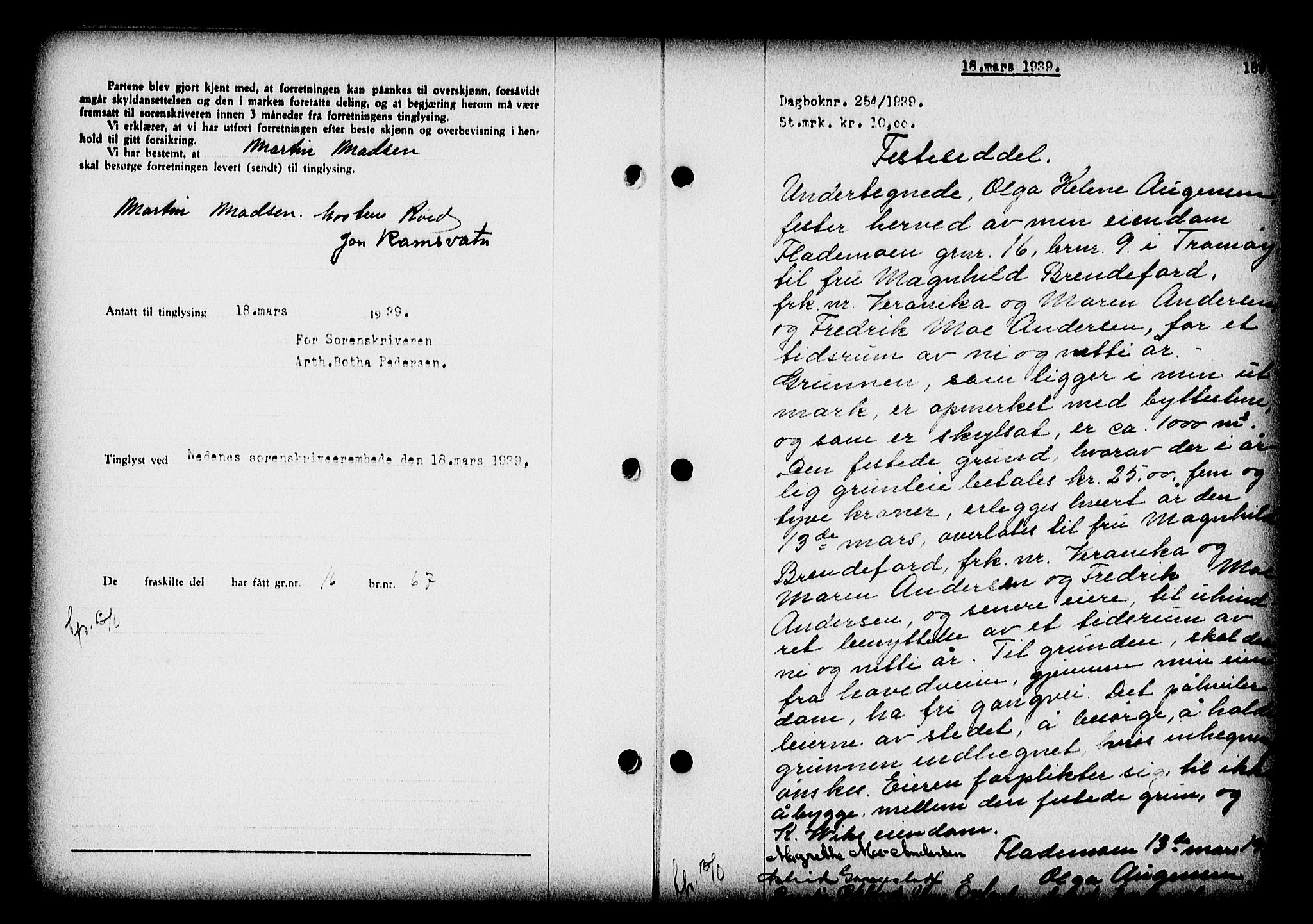 Nedenes sorenskriveri, SAK/1221-0006/G/Gb/Gba/L0046: Mortgage book no. 42, 1938-1939, Diary no: : 254/1939