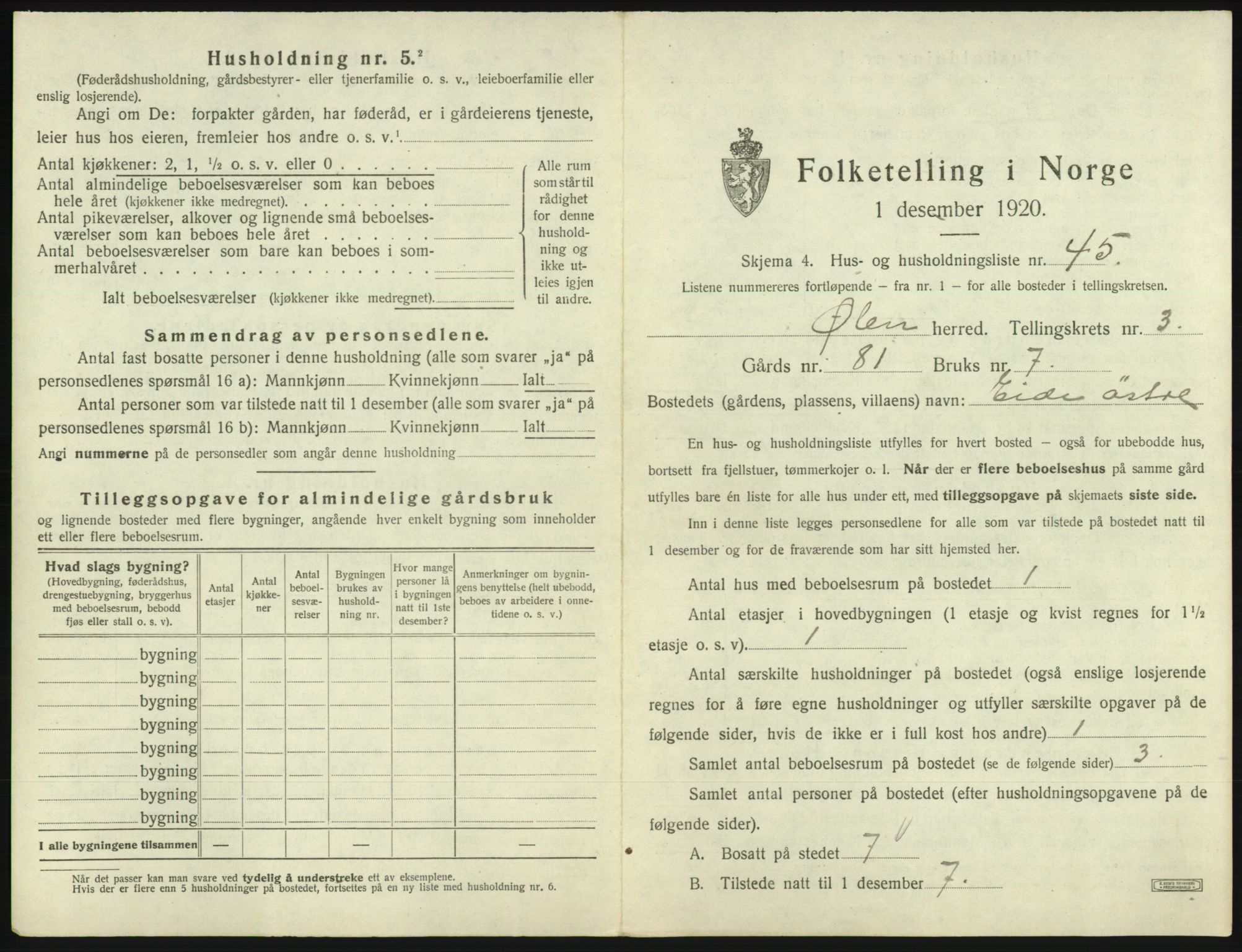 SAB, 1920 census for Ølen, 1920, p. 257