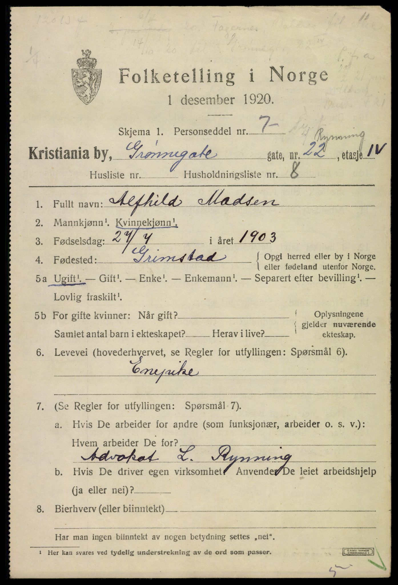 SAO, 1920 census for Kristiania, 1920, p. 259051