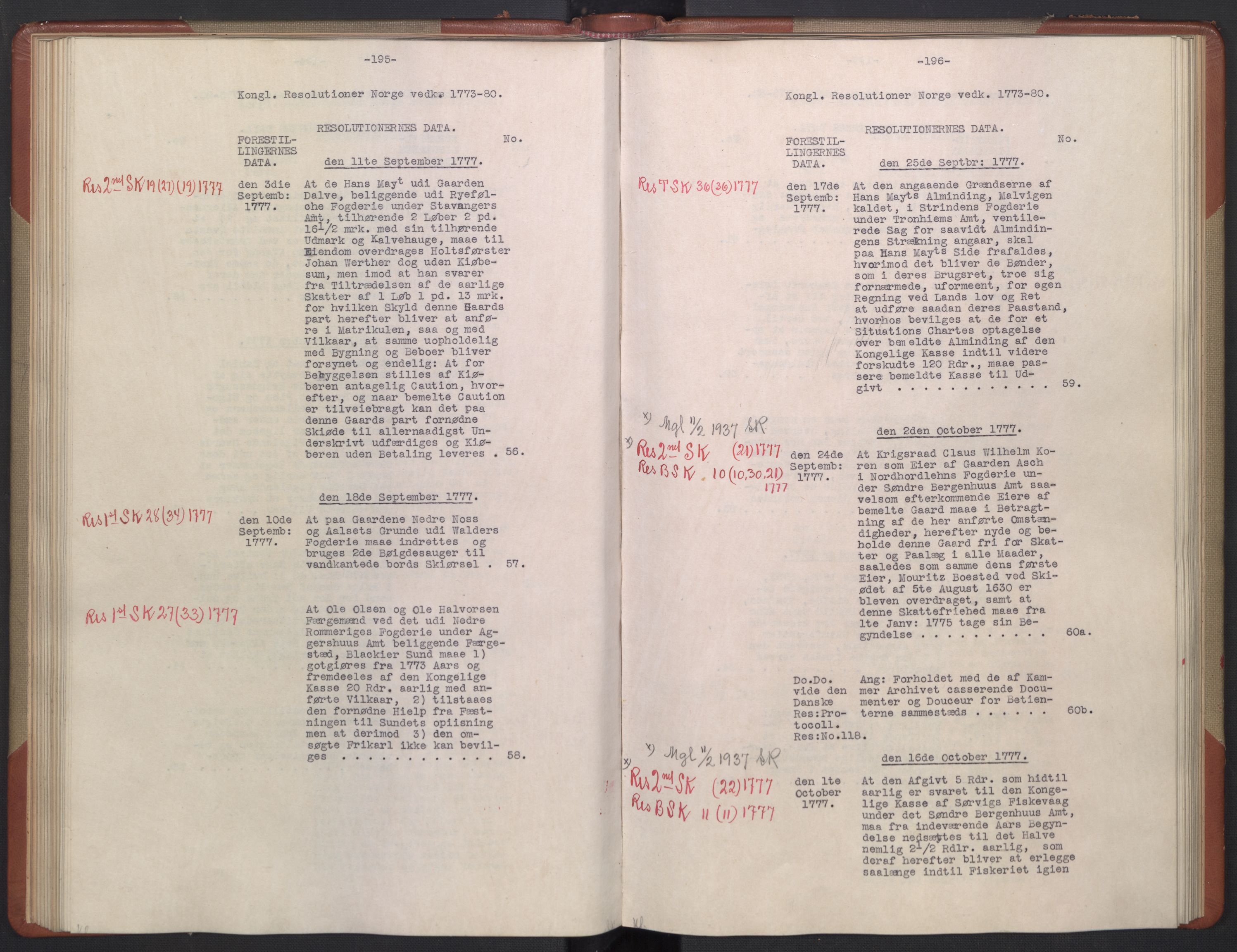 Avskriftsamlingen, RA/EA-4022/F/Fb/L0122: Registratur over norske Relasjons- og resolusjonsprotokoller, 1773-1780, p. 56