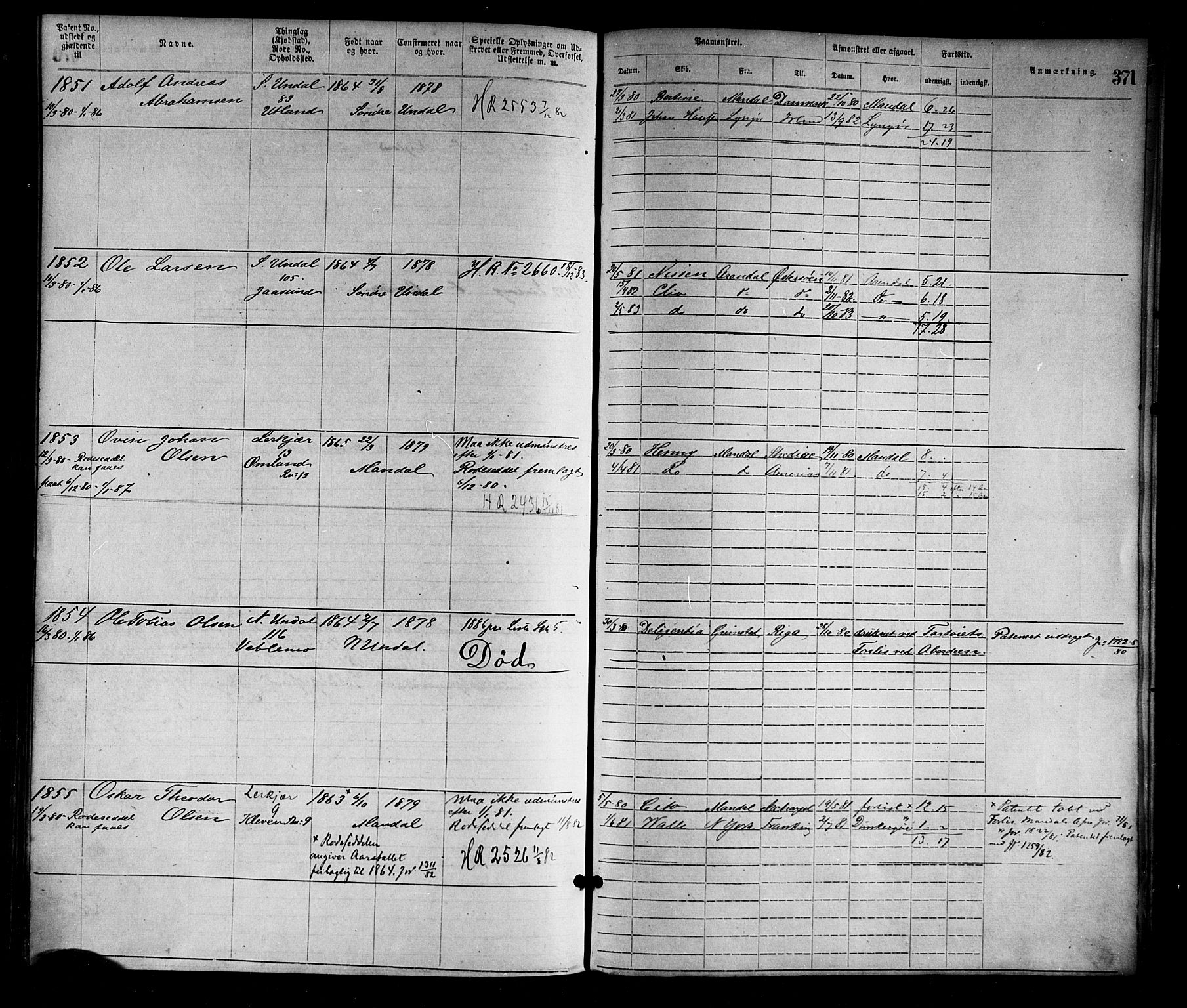 Mandal mønstringskrets, SAK/2031-0016/F/Fa/L0001: Annotasjonsrulle nr 1-1920 med register, L-3, 1869-1881, p. 412
