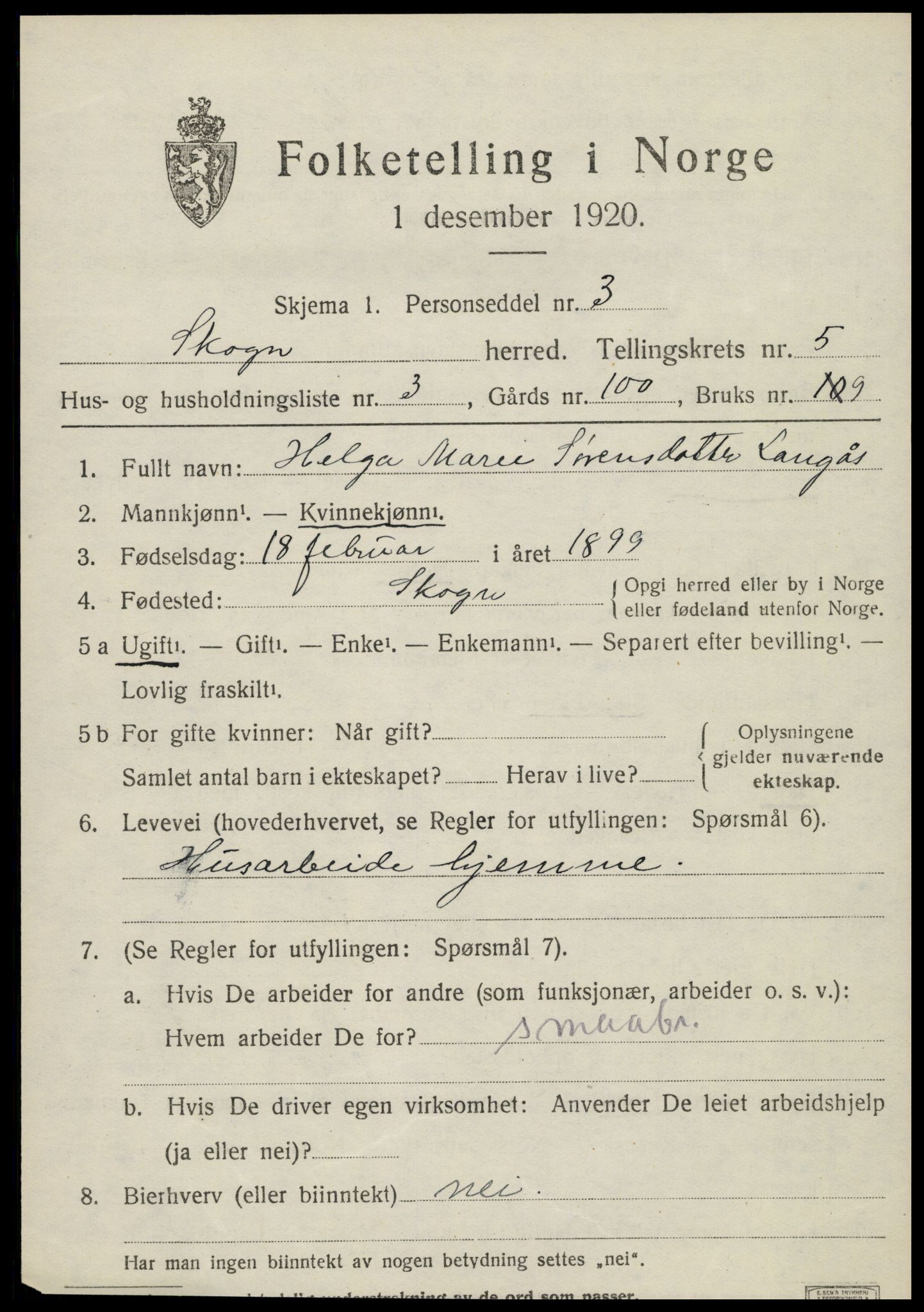 SAT, 1920 census for Skogn, 1920, p. 6505