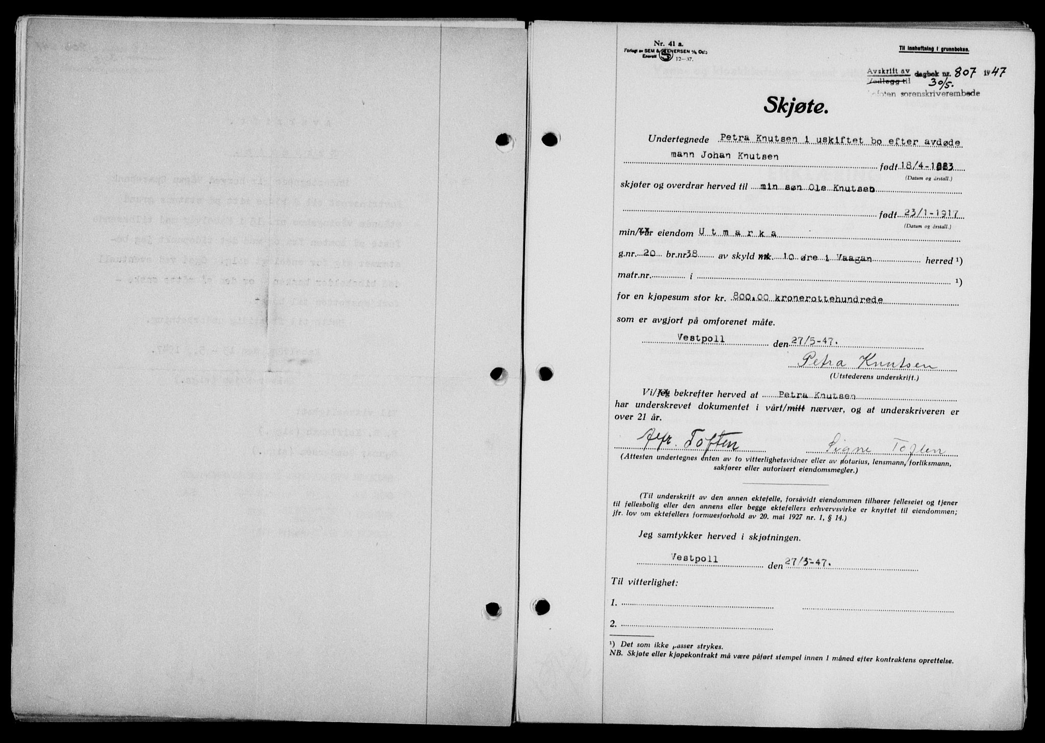 Lofoten sorenskriveri, SAT/A-0017/1/2/2C/L0016a: Mortgage book no. 16a, 1947-1947, Diary no: : 807/1947