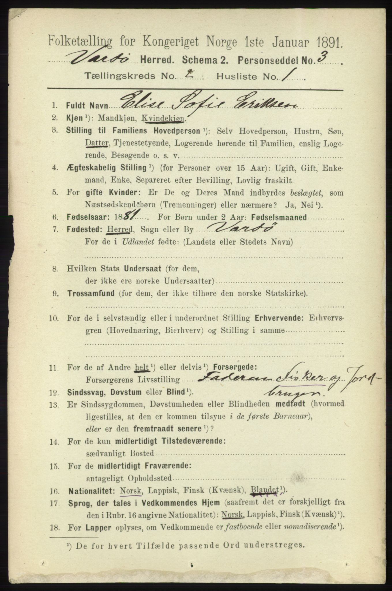 RA, 1891 census for 2028 Vardø, 1891, p. 304