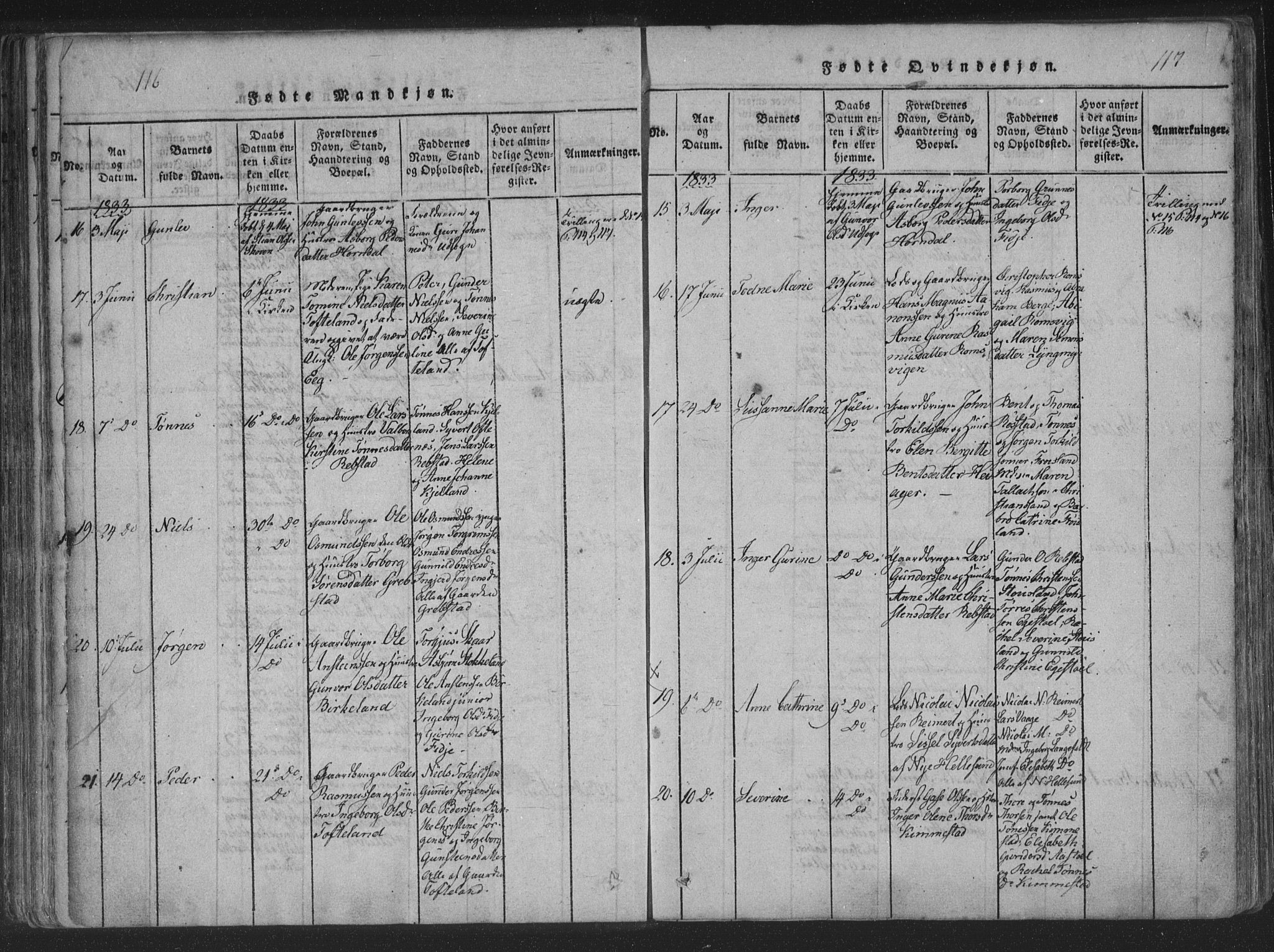 Søgne sokneprestkontor, AV/SAK-1111-0037/F/Fa/Fab/L0008: Parish register (official) no. A 8, 1821-1838, p. 116-117