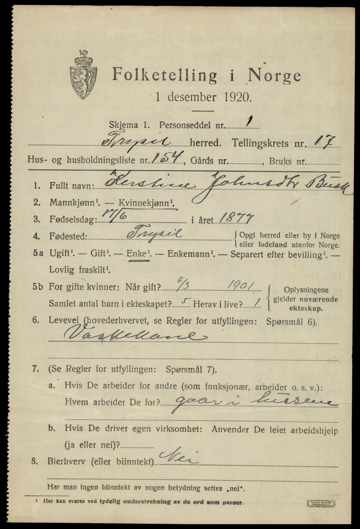 SAH, 1920 census for Trysil, 1920, p. 11901