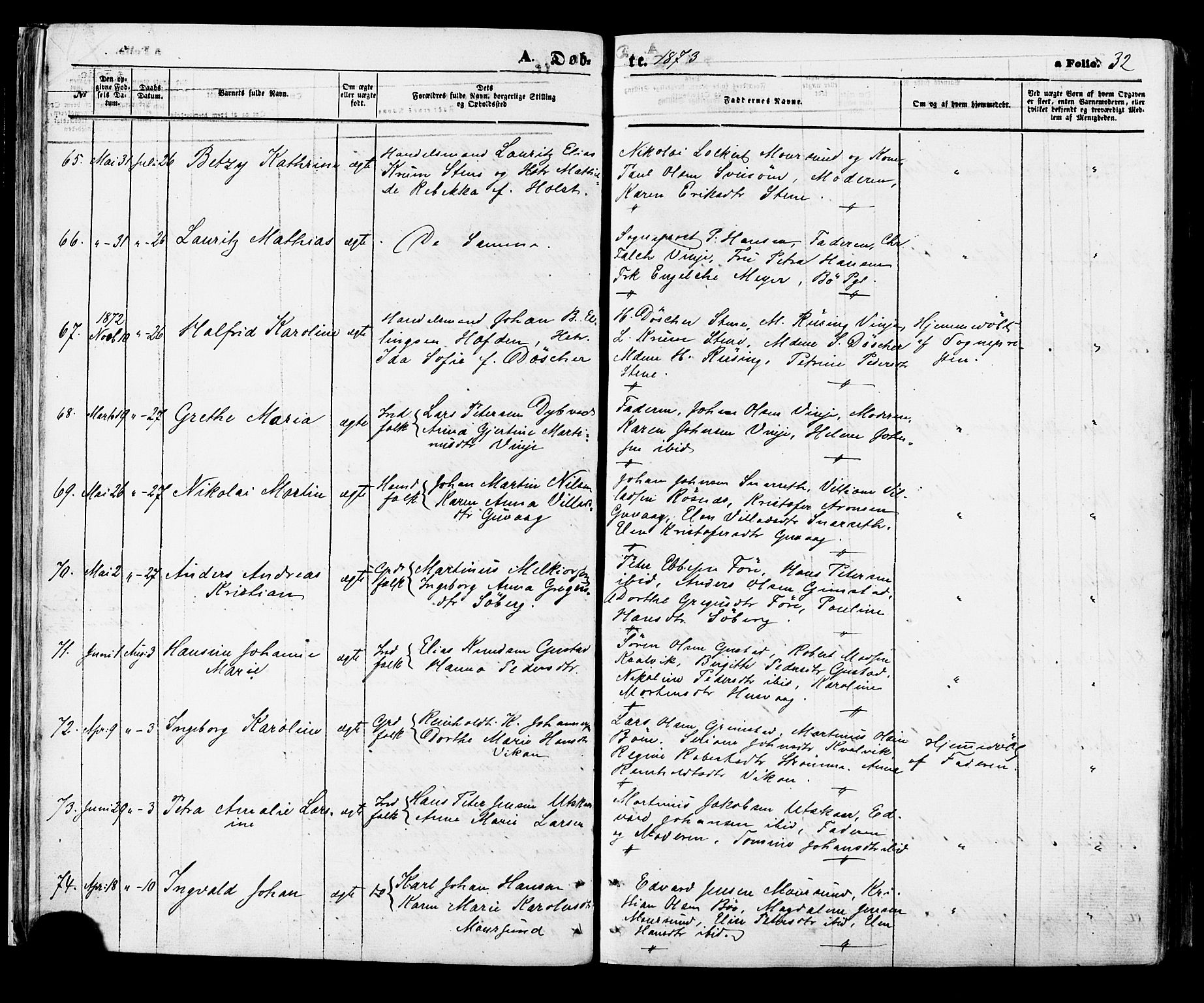 Ministerialprotokoller, klokkerbøker og fødselsregistre - Nordland, AV/SAT-A-1459/891/L1301: Parish register (official) no. 891A06, 1870-1878, p. 32