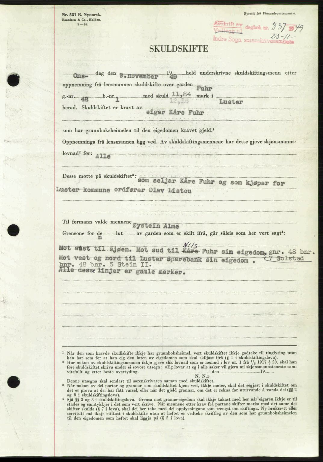 Indre Sogn tingrett, SAB/A-3301/1/G/Gb/Gbb/L0010: Mortgage book no. A10, 1949-1949, Diary no: : 837/1949