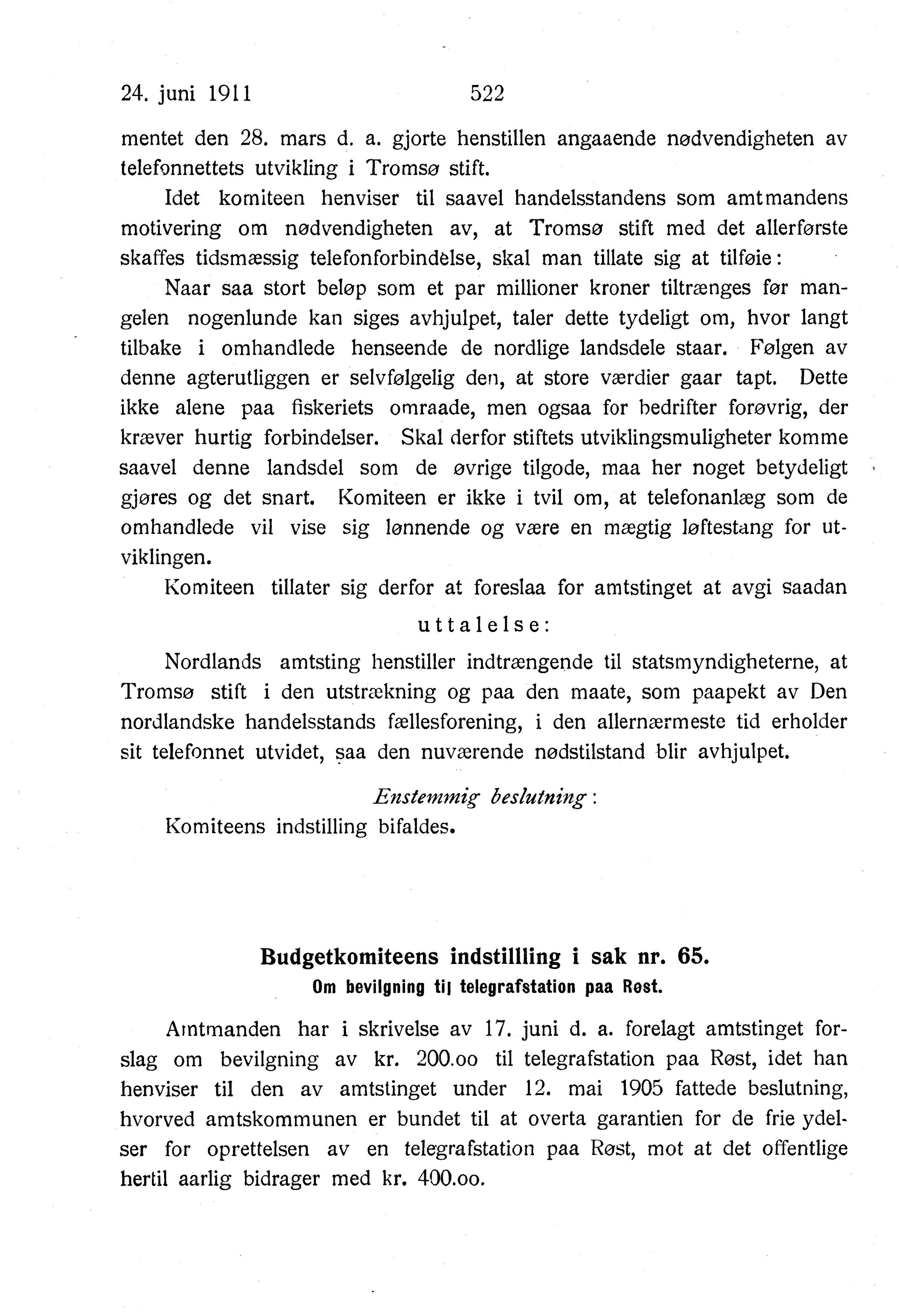 Nordland Fylkeskommune. Fylkestinget, AIN/NFK-17/176/A/Ac/L0034: Fylkestingsforhandlinger 1911, 1911