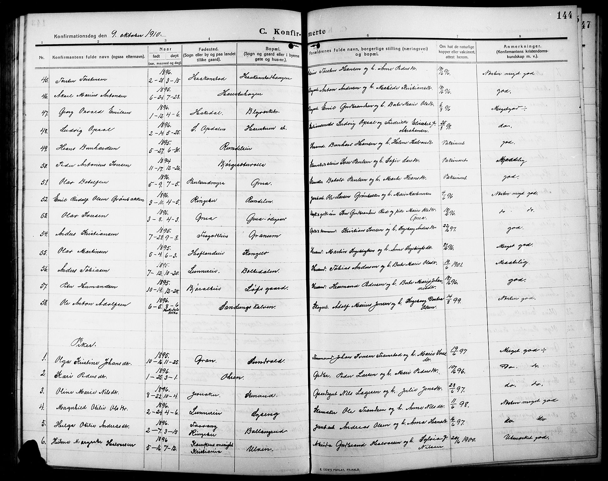 Lunner prestekontor, AV/SAH-PREST-118/H/Ha/Hab/L0001: Parish register (copy) no. 1, 1909-1922, p. 144