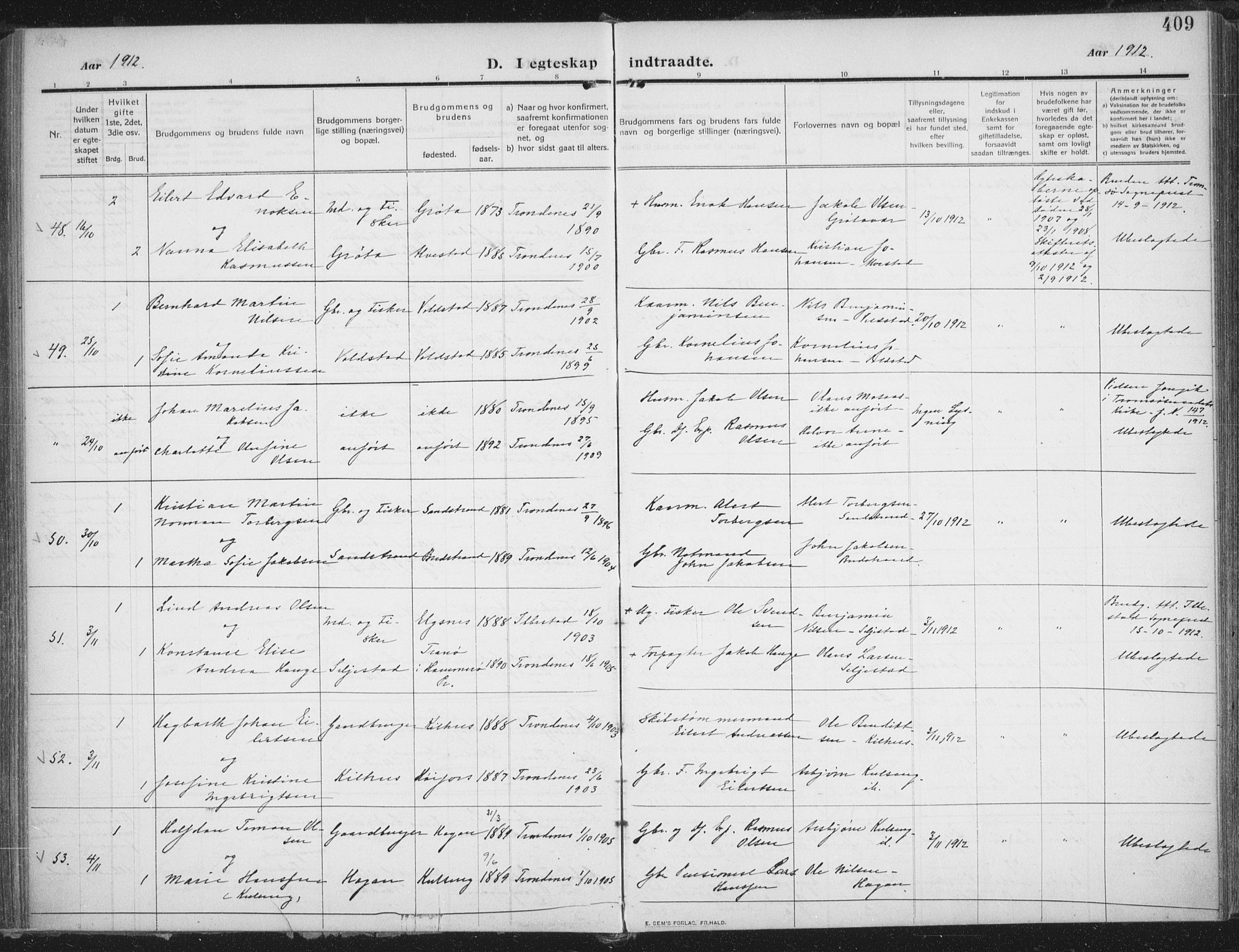 Trondenes sokneprestkontor, SATØ/S-1319/H/Ha/L0018kirke: Parish register (official) no. 18, 1909-1918, p. 409