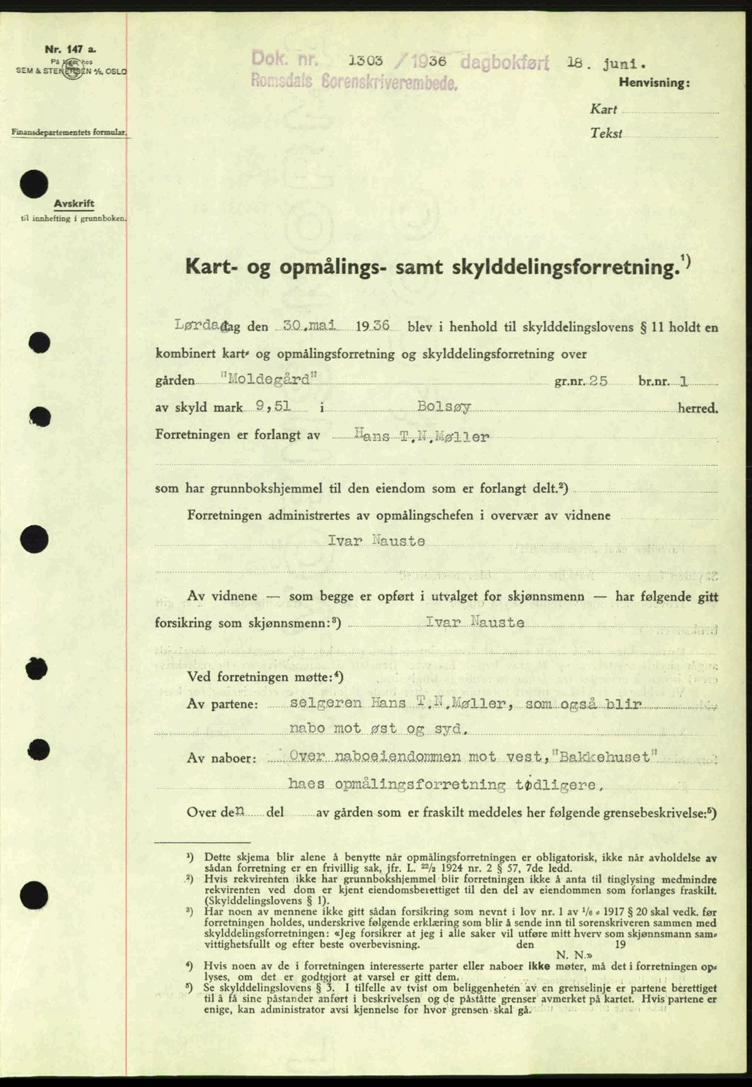 Romsdal sorenskriveri, AV/SAT-A-4149/1/2/2C: Mortgage book no. A1, 1936-1936, Diary no: : 1303/1936