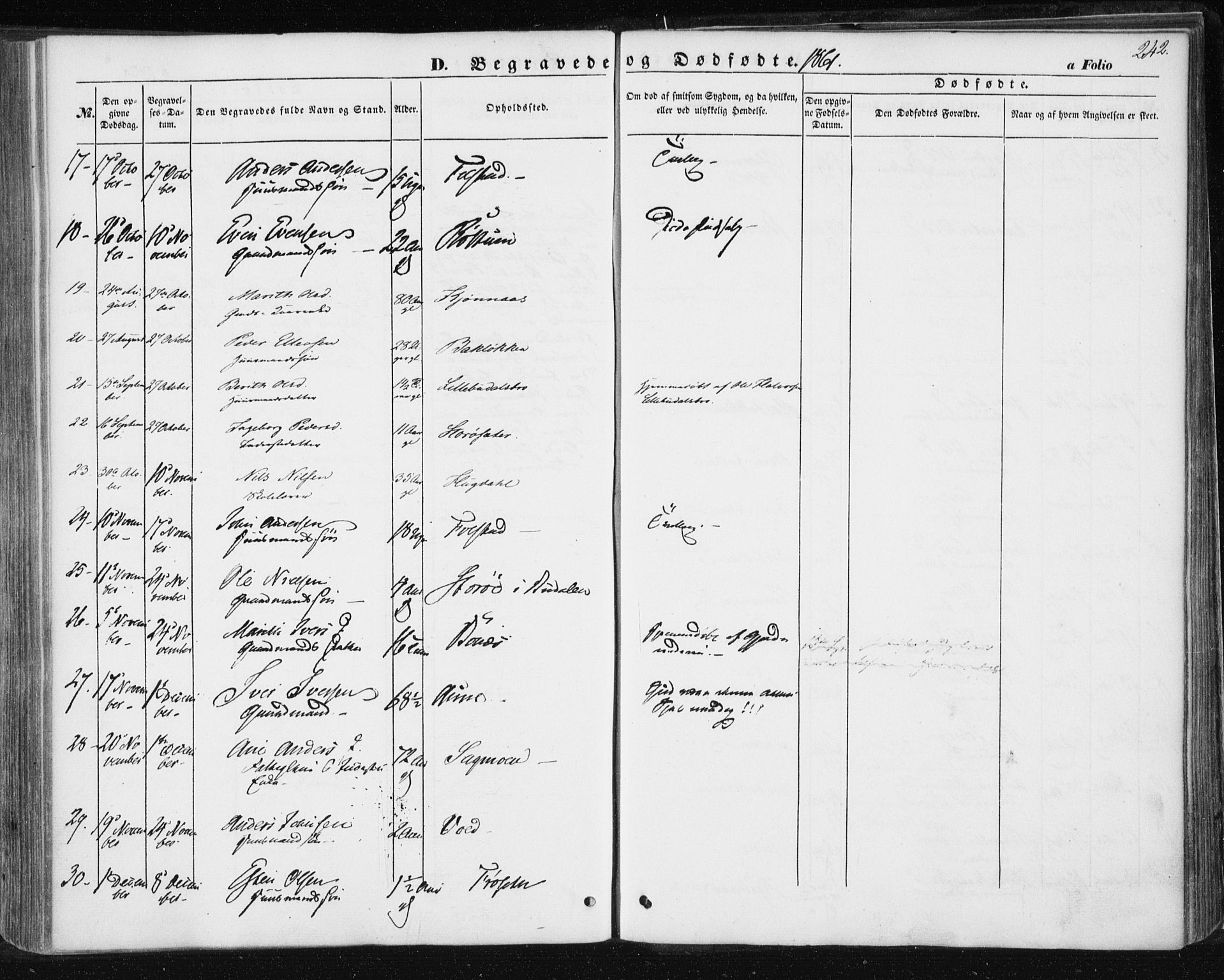 Ministerialprotokoller, klokkerbøker og fødselsregistre - Sør-Trøndelag, AV/SAT-A-1456/687/L1000: Parish register (official) no. 687A06, 1848-1869, p. 242