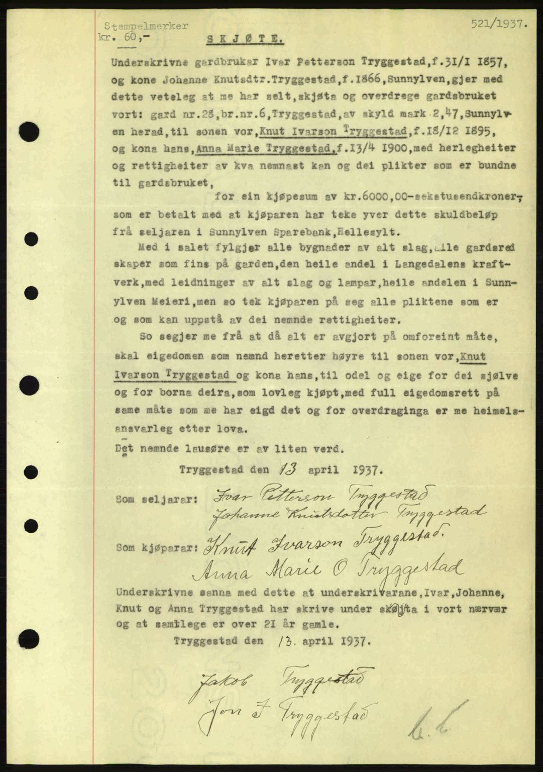 Nordre Sunnmøre sorenskriveri, AV/SAT-A-0006/1/2/2C/2Ca: Mortgage book no. A2, 1936-1937, Diary no: : 521/1937