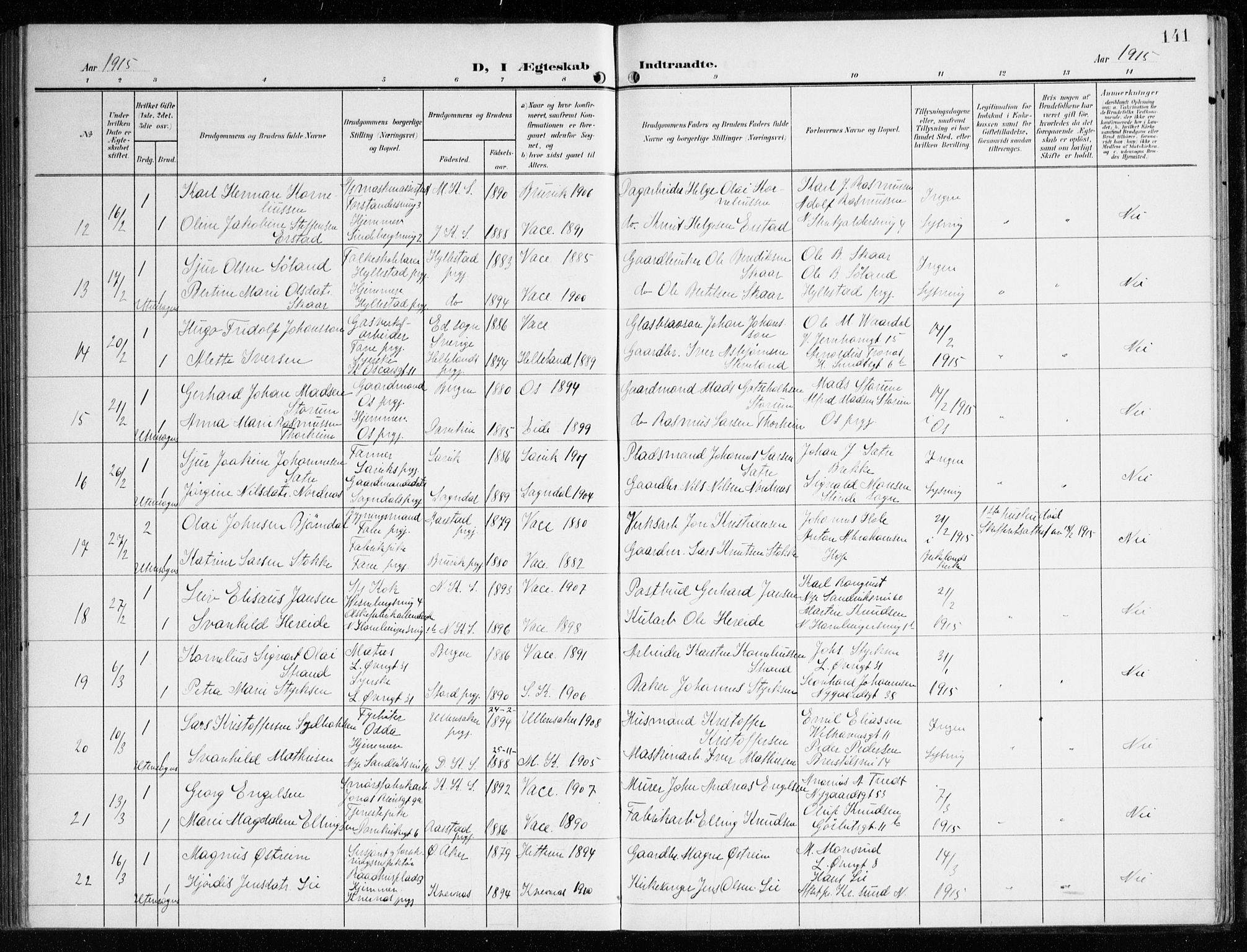Korskirken sokneprestembete, SAB/A-76101/H/Haa/L0038: Parish register (official) no. D 5, 1904-1919, p. 141