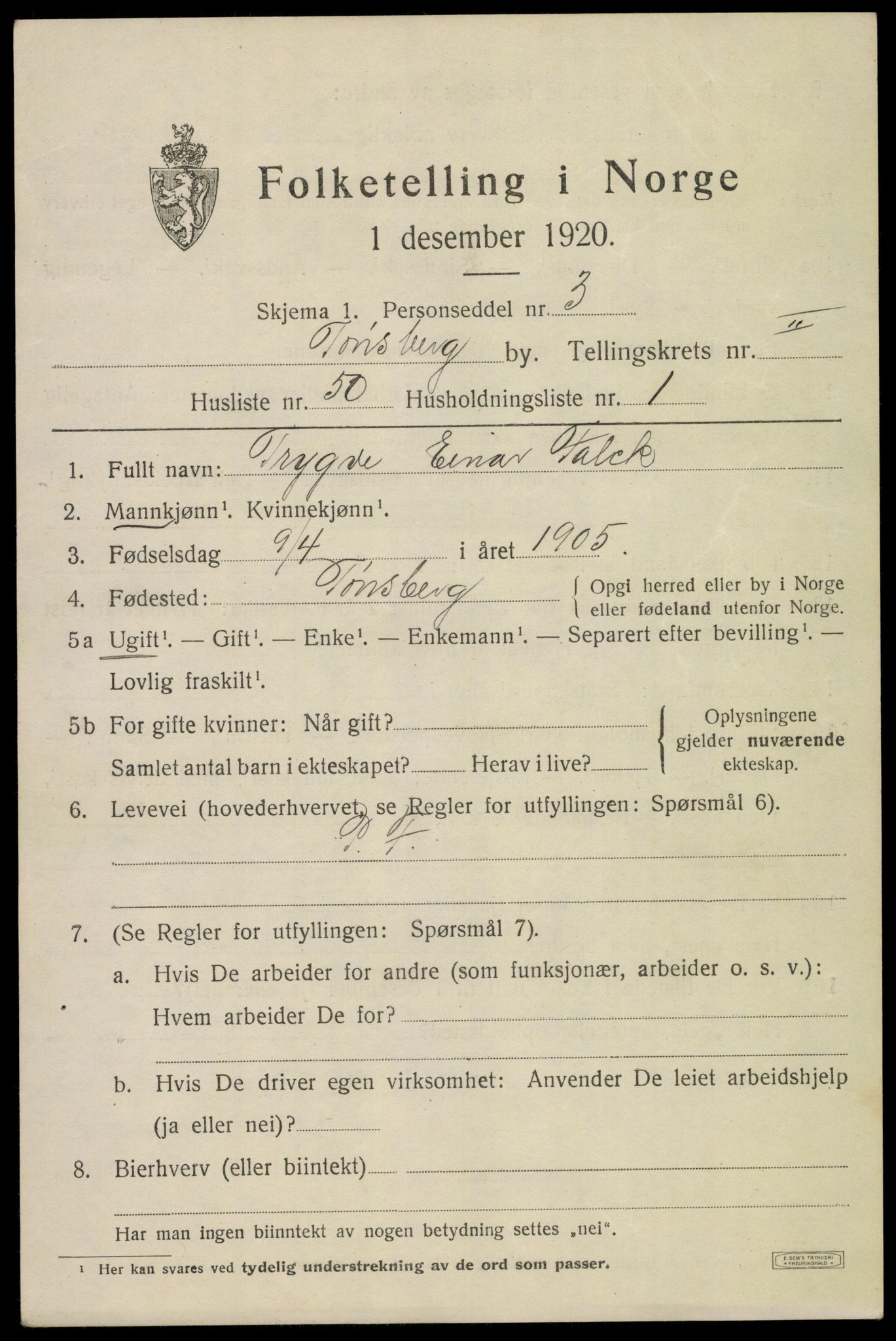 SAKO, 1920 census for Tønsberg, 1920, p. 10811