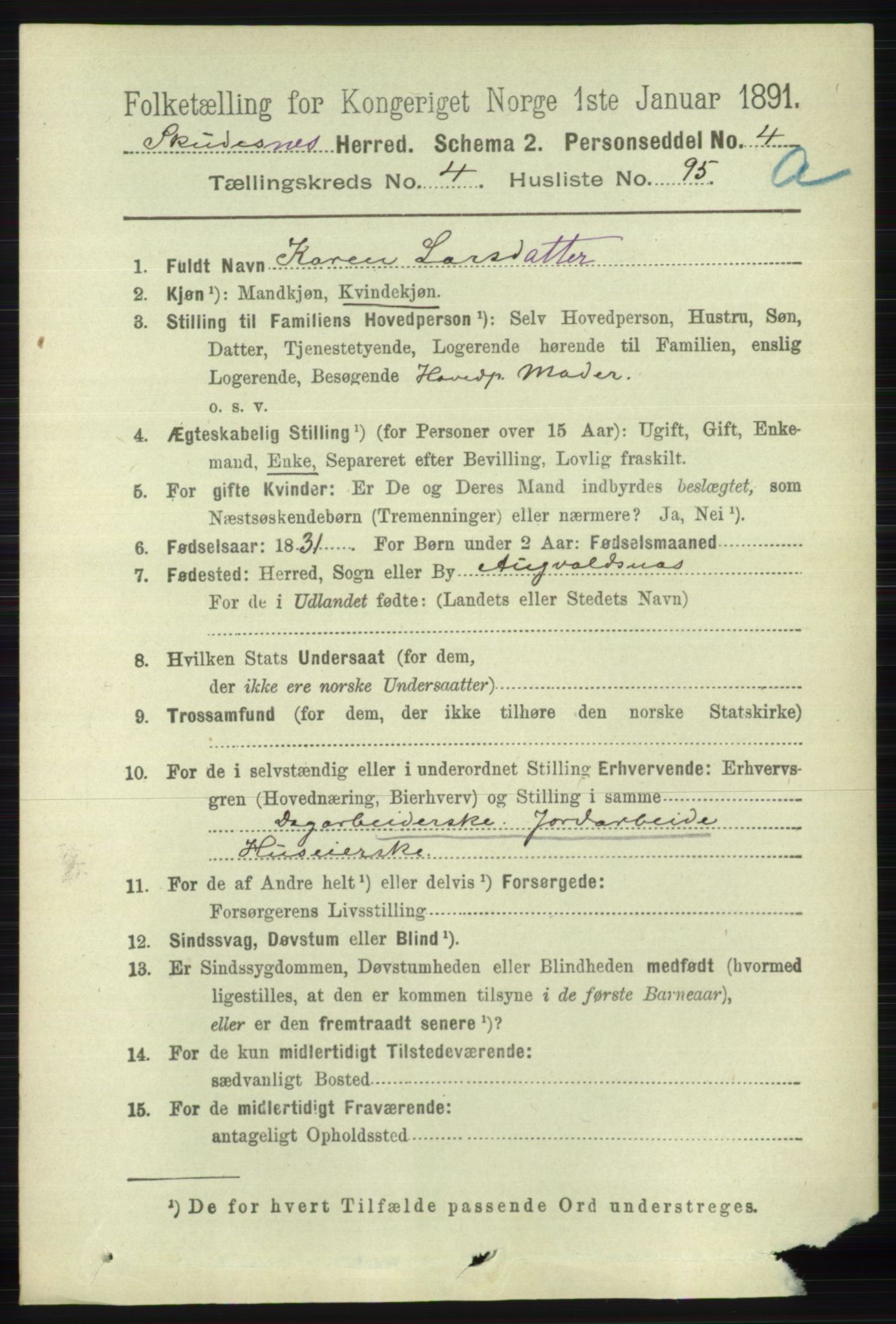 RA, 1891 census for 1150 Skudenes, 1891, p. 2452