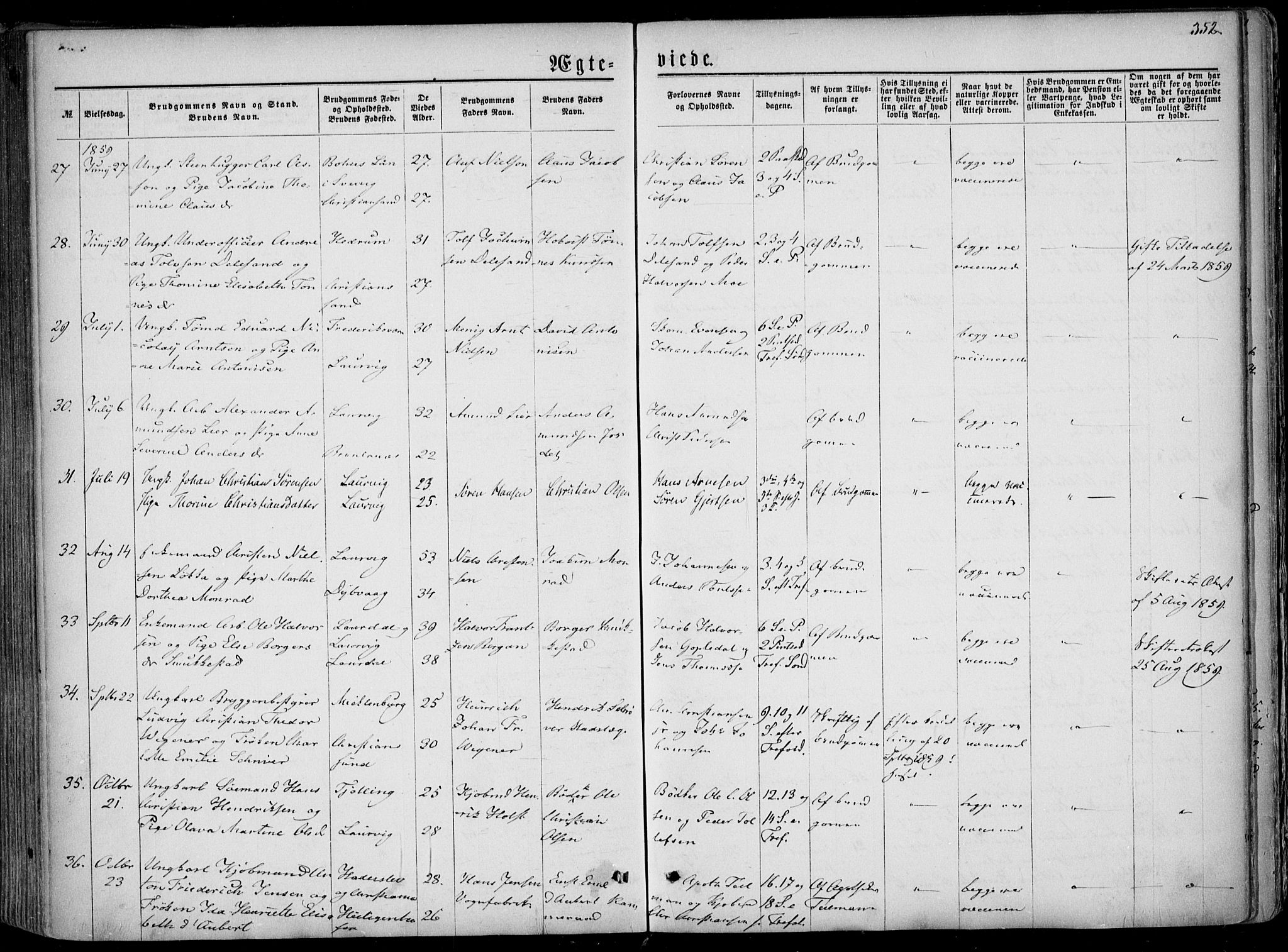 Larvik kirkebøker, AV/SAKO-A-352/F/Fa/L0004: Parish register (official) no. I 4, 1856-1870, p. 352