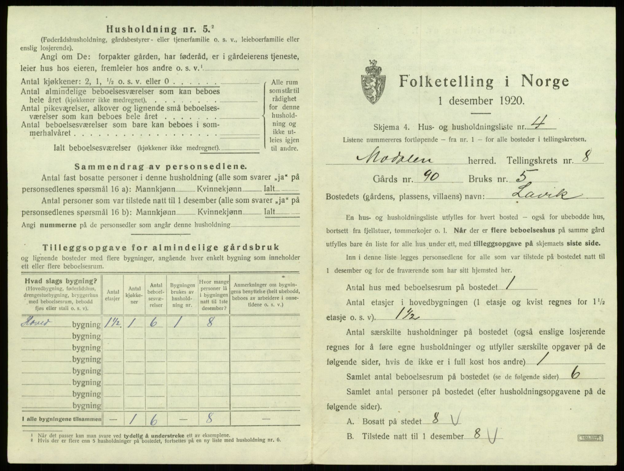 SAB, 1920 census for Modalen, 1920, p. 220