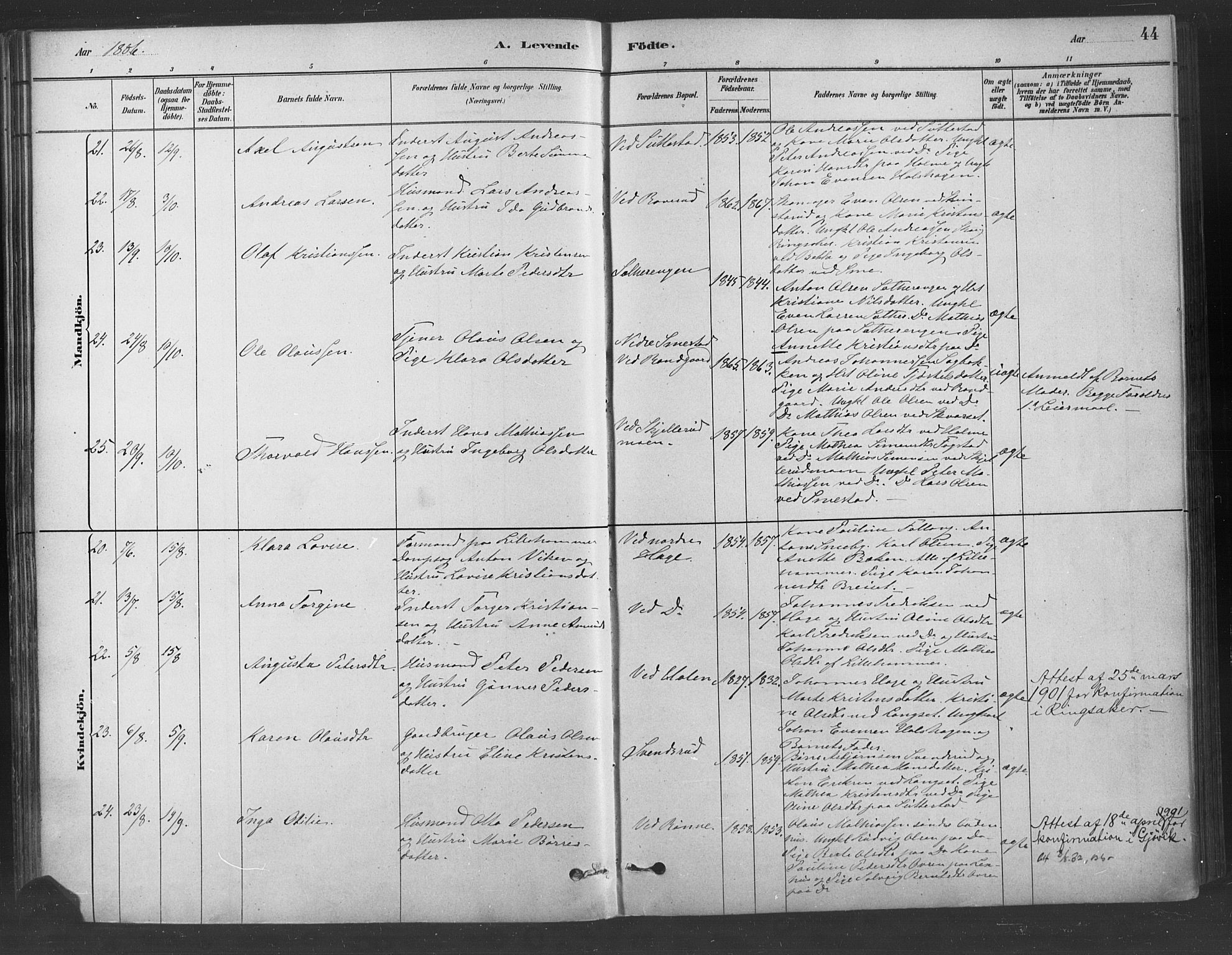 Fåberg prestekontor, AV/SAH-PREST-086/H/Ha/Haa/L0009: Parish register (official) no. 9, 1879-1898, p. 44