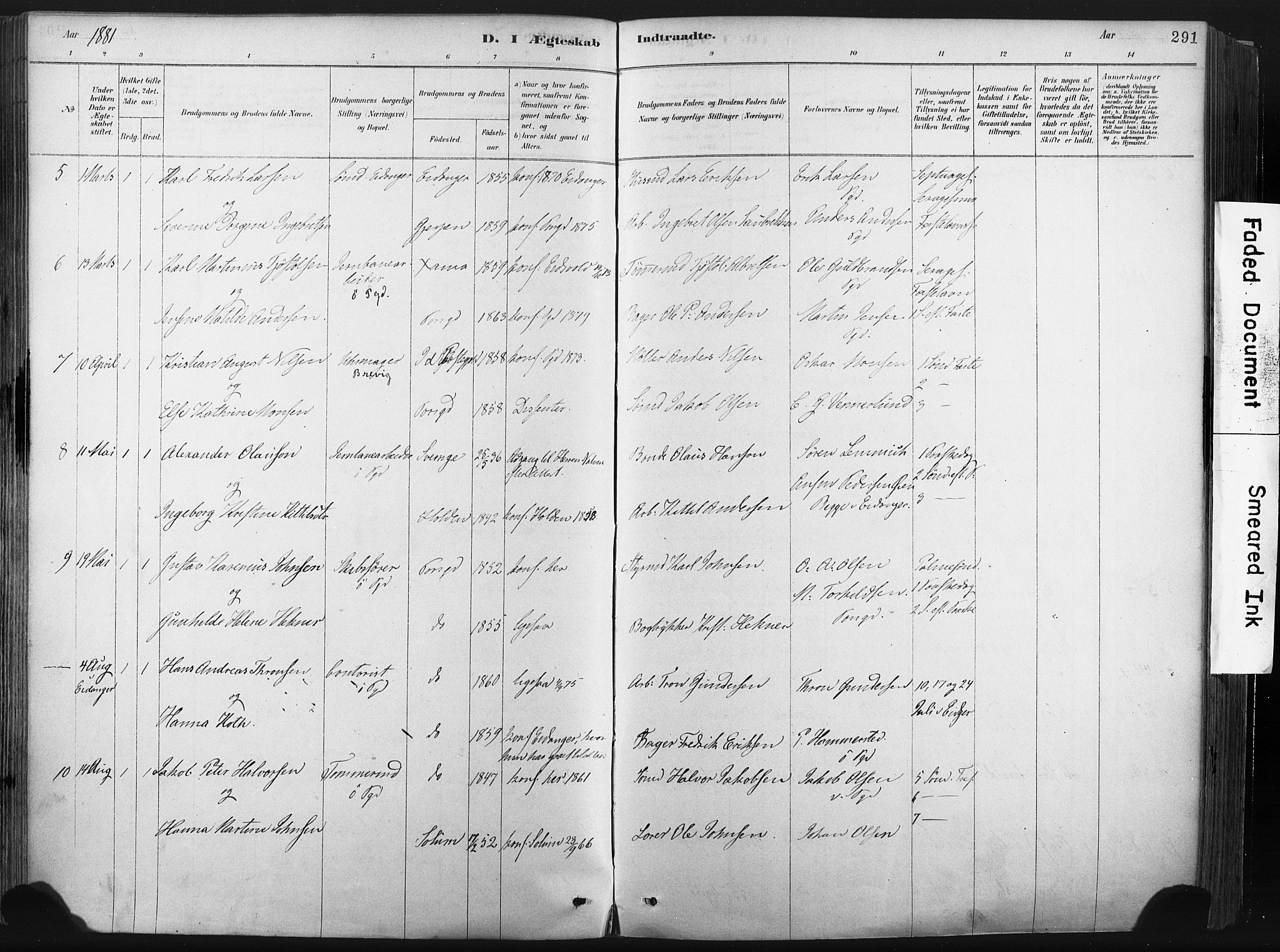 Porsgrunn kirkebøker , AV/SAKO-A-104/F/Fa/L0008: Parish register (official) no. 8, 1878-1895, p. 291