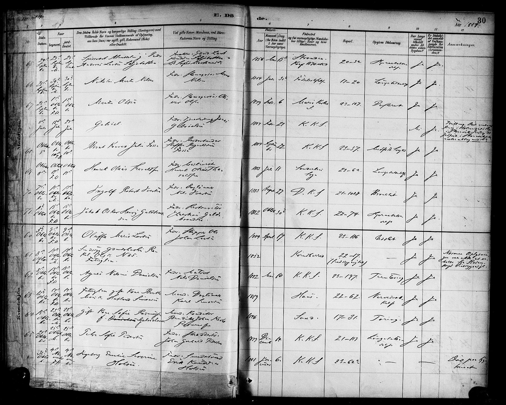 Korskirken sokneprestembete, AV/SAB-A-76101/H/Haa/L0047: Parish register (official) no. E 5, 1884-1910, p. 30