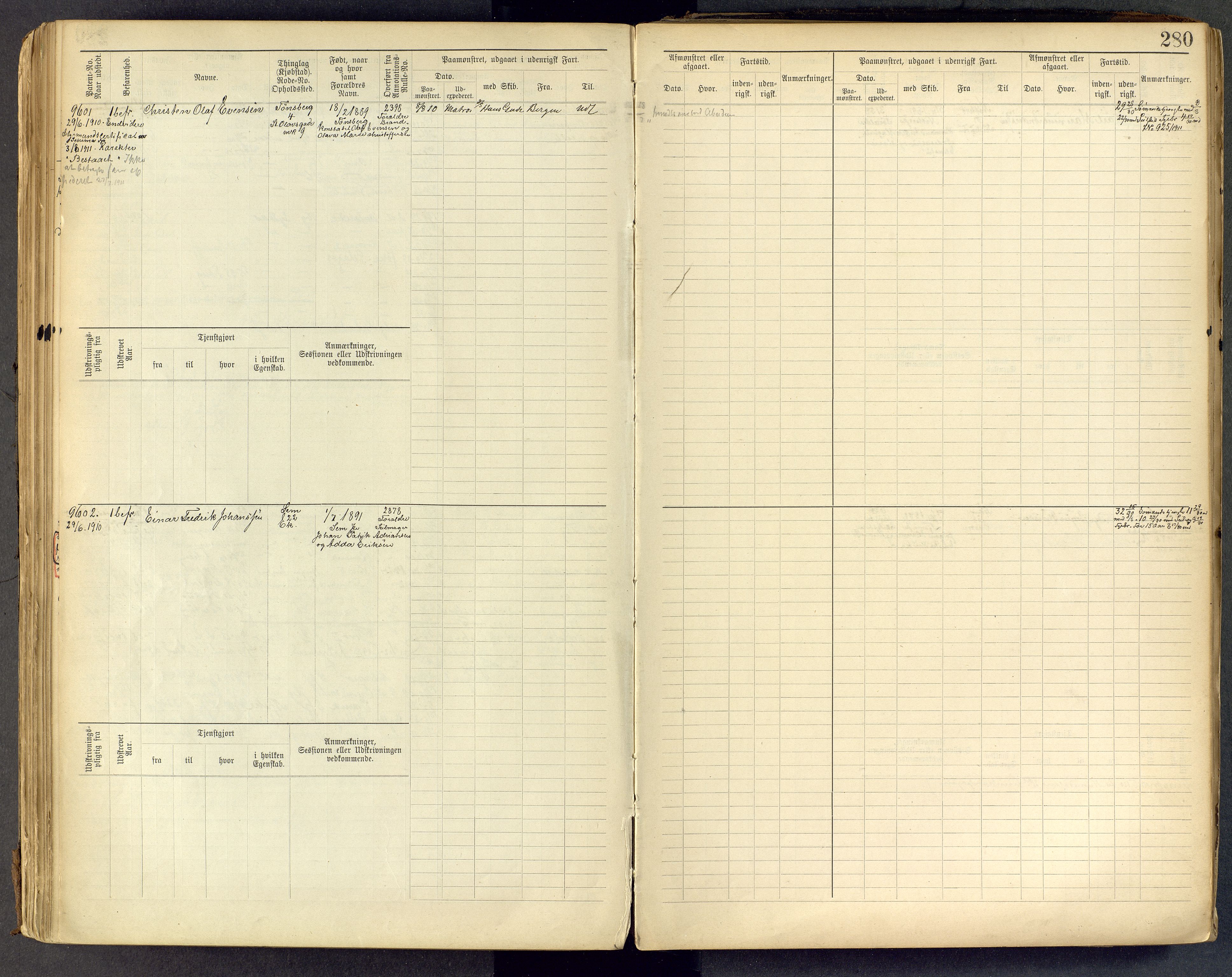 Tønsberg innrulleringskontor, AV/SAKO-A-786/F/Fc/Fcb/L0009: Hovedrulle Patent nr. 9043-9992, 1900-1921, p. 280